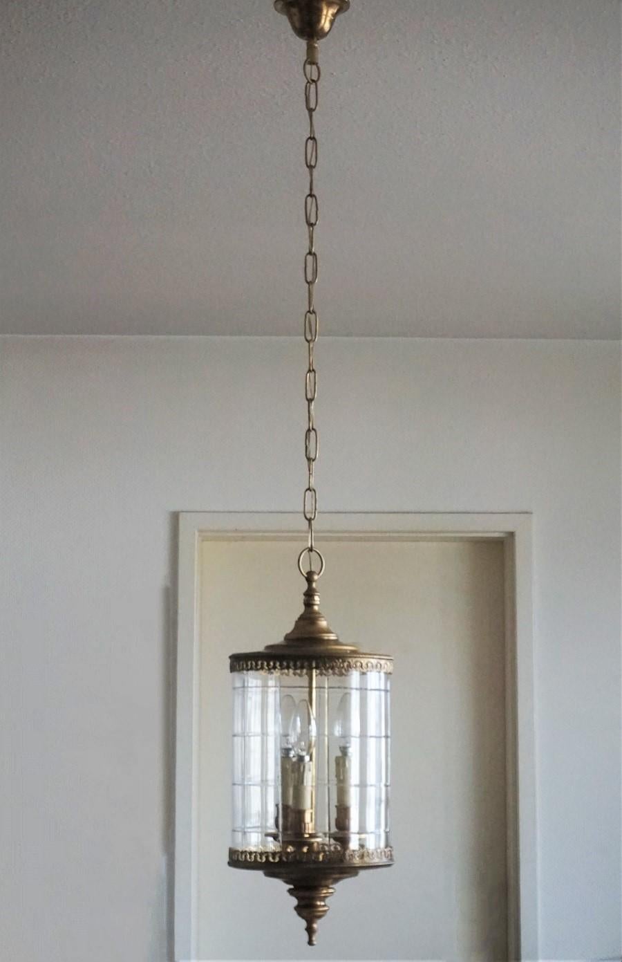 Italian Art Deco Cut Glass Brass Cylindrical Three-Light Lantern