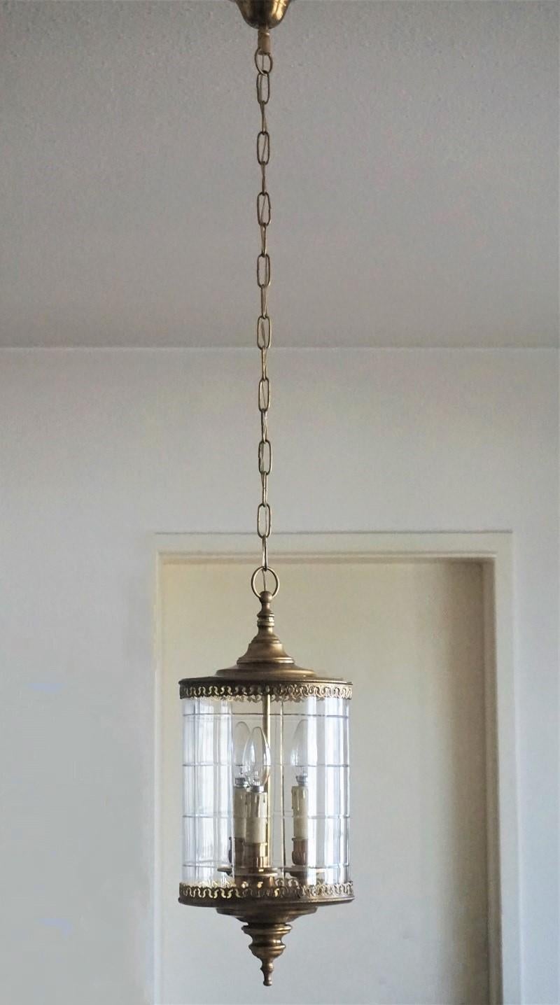 Burnished Art Deco Cut Glass Brass Cylindrical Three-Light Lantern