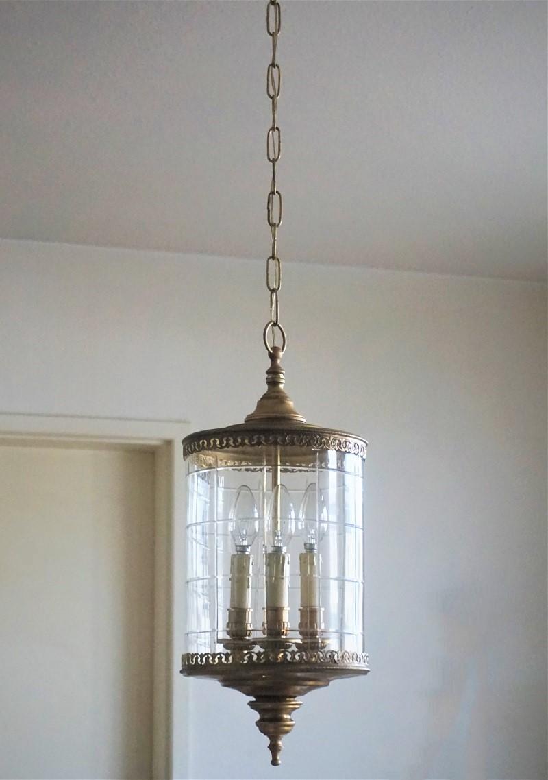Art Deco Cut Glass Brass Cylindrical Three-Light Lantern In Good Condition In Frankfurt am Main, DE