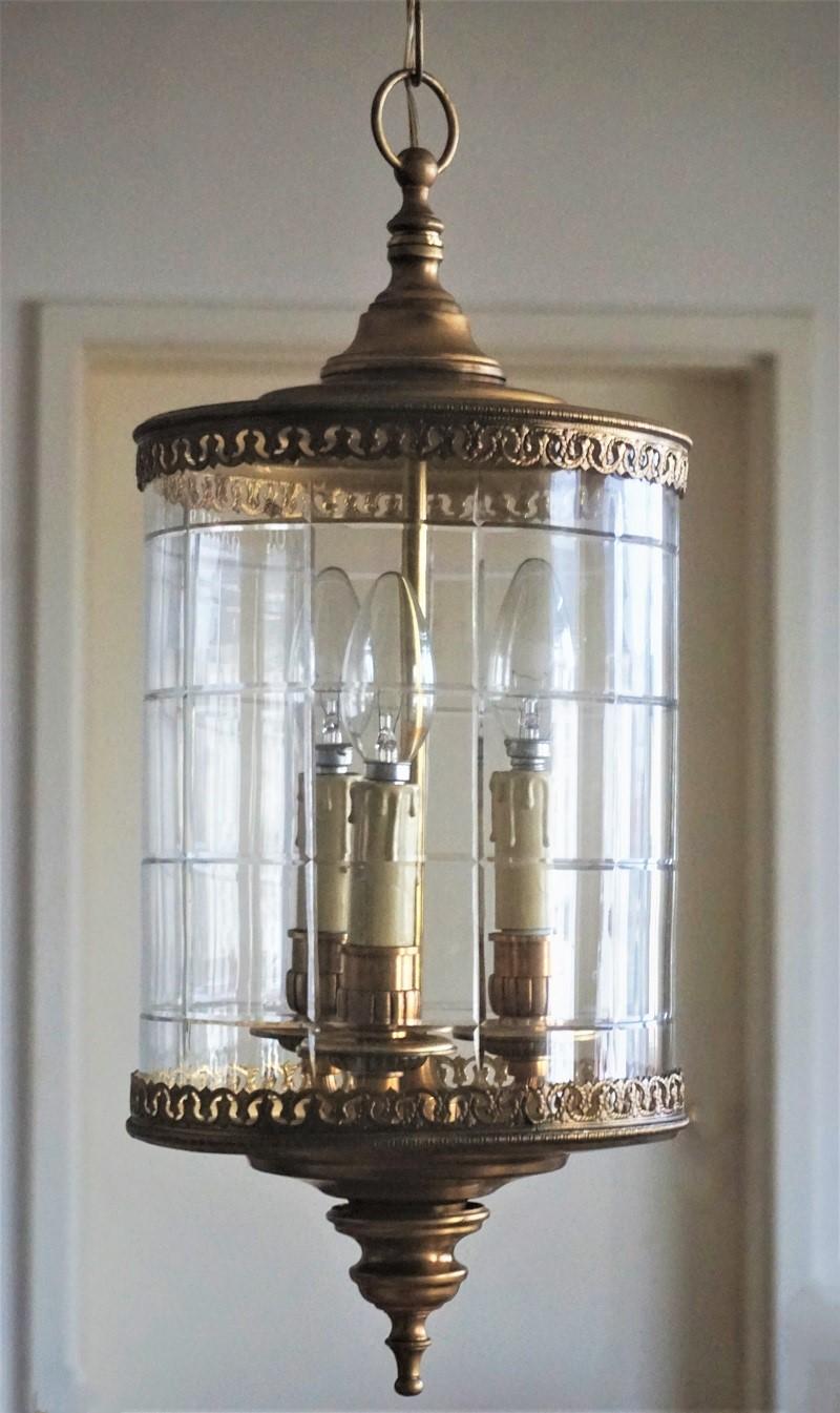20th Century Art Deco Cut Glass Brass Cylindrical Three-Light Lantern