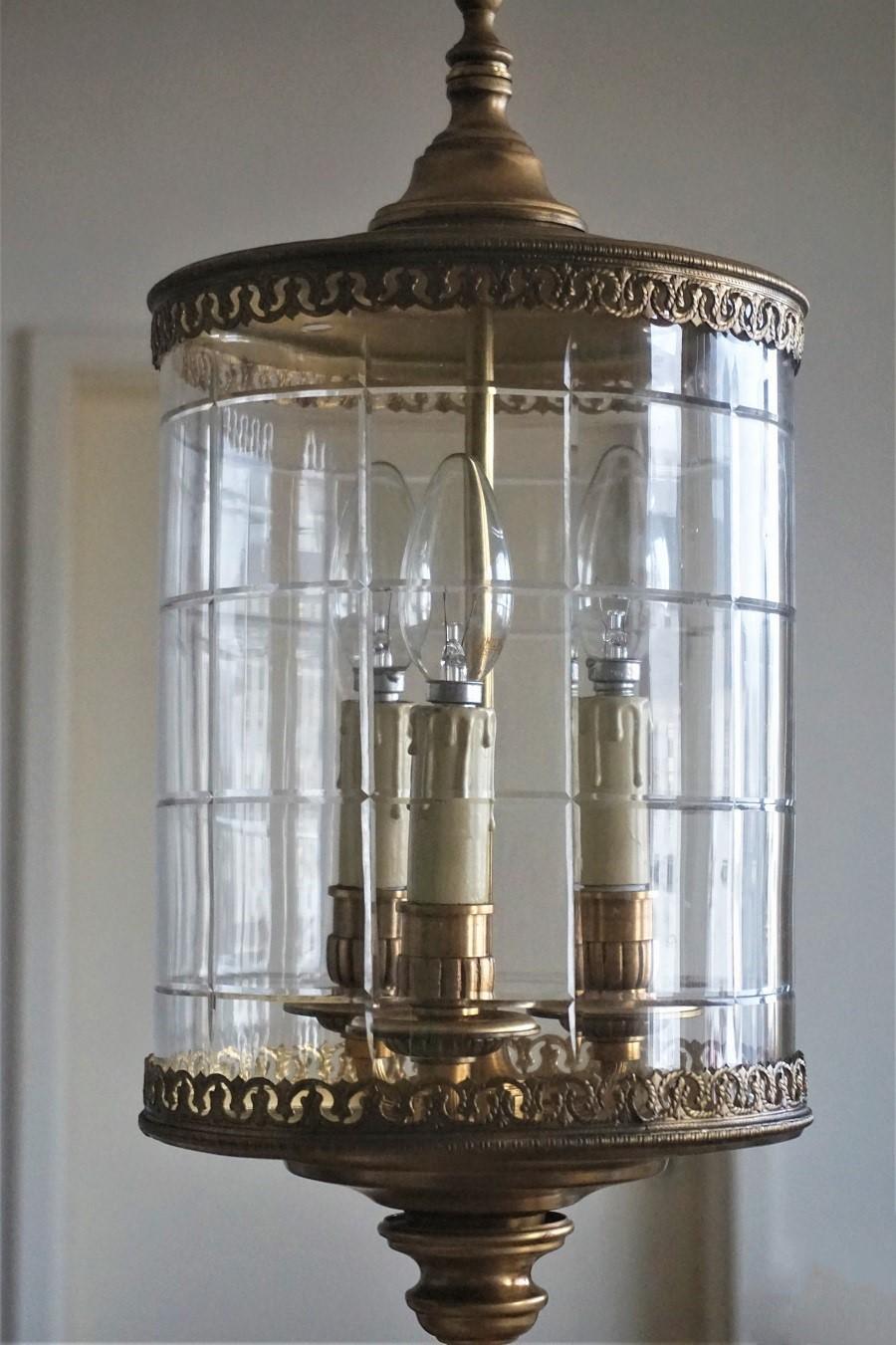 Art Deco Cut Glass Brass Cylindrical Three-Light Lantern 1