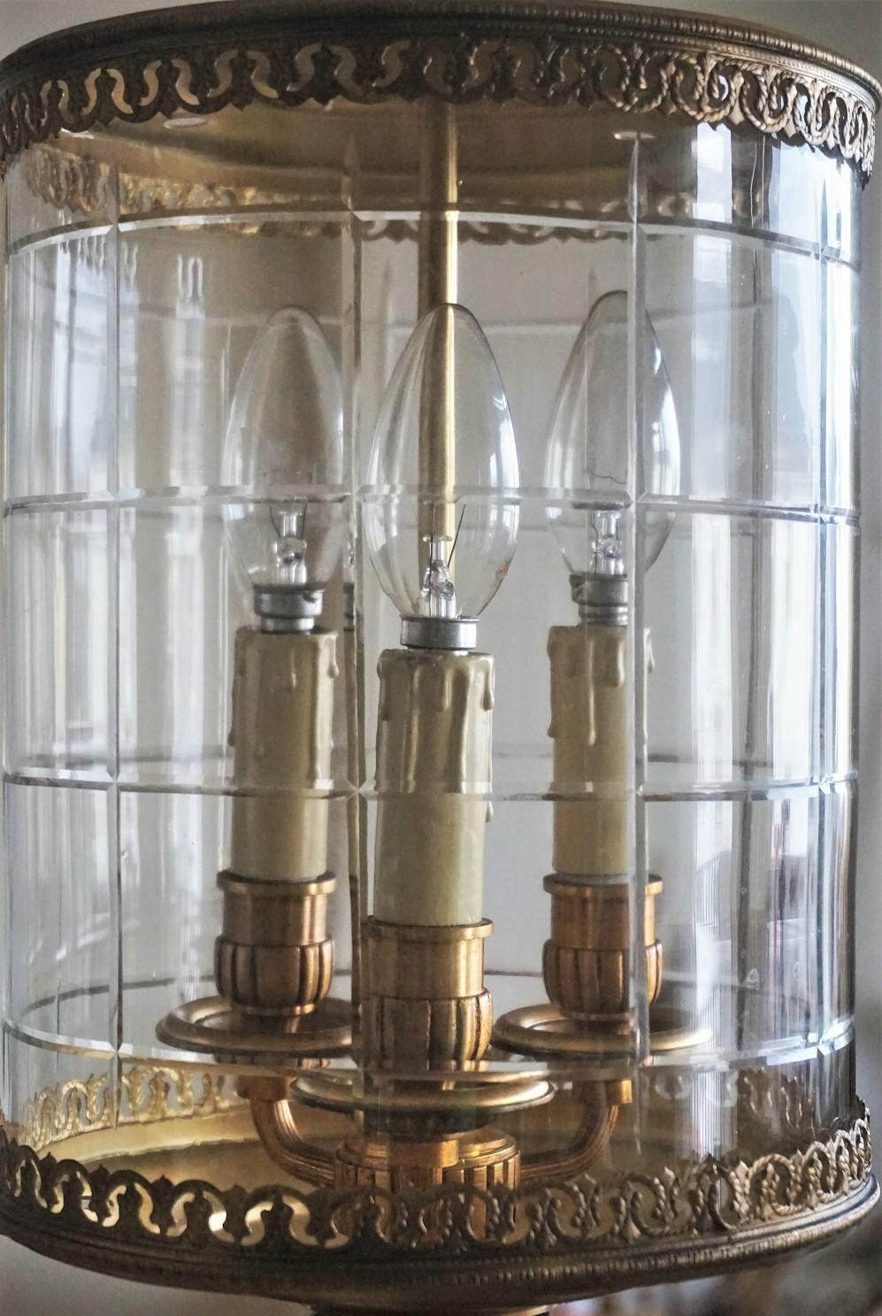 Art Deco Cut Glass Brass Cylindrical Three-Light Lantern 2