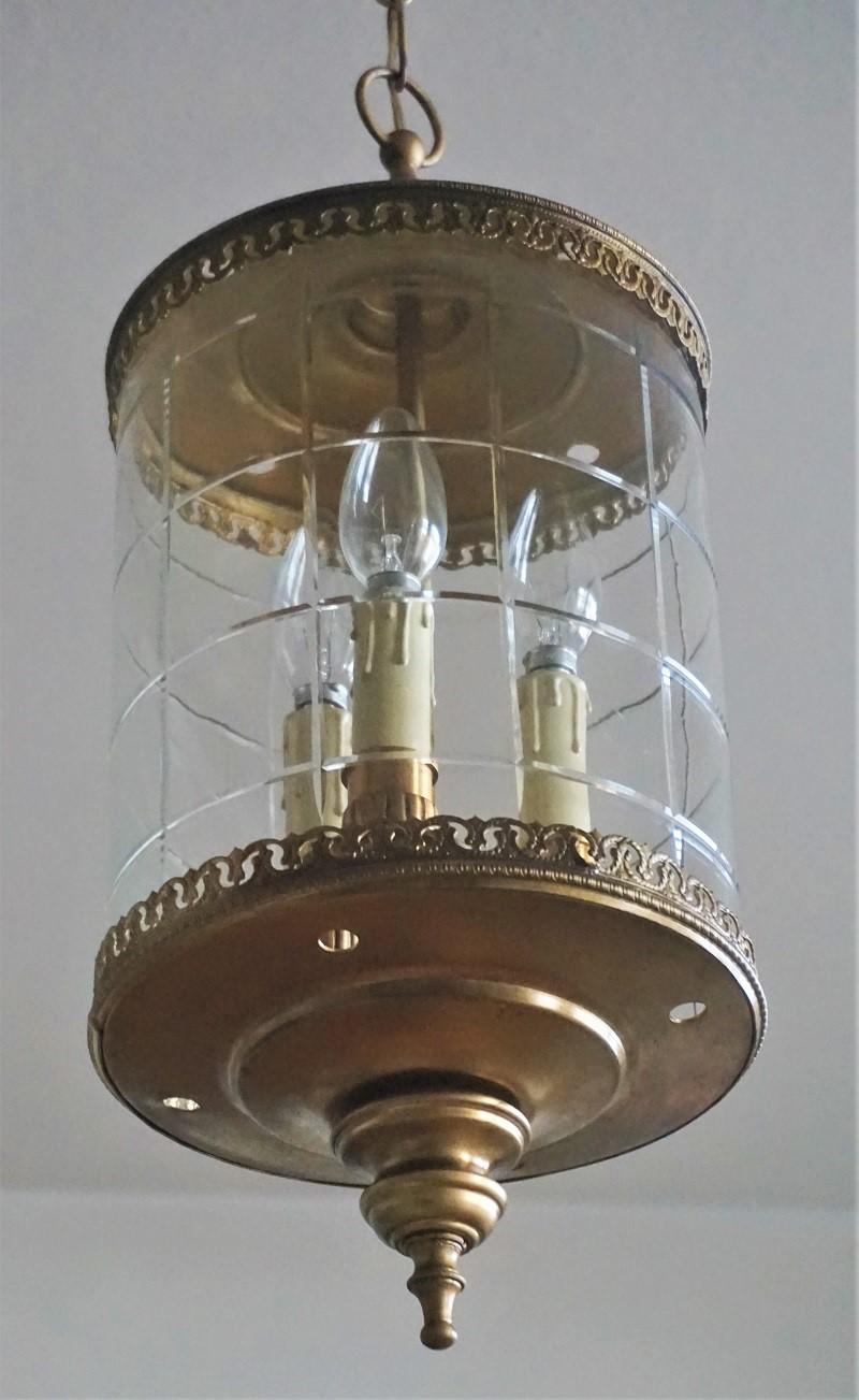 Art Deco Cut Glass Brass Cylindrical Three-Light Lantern 3