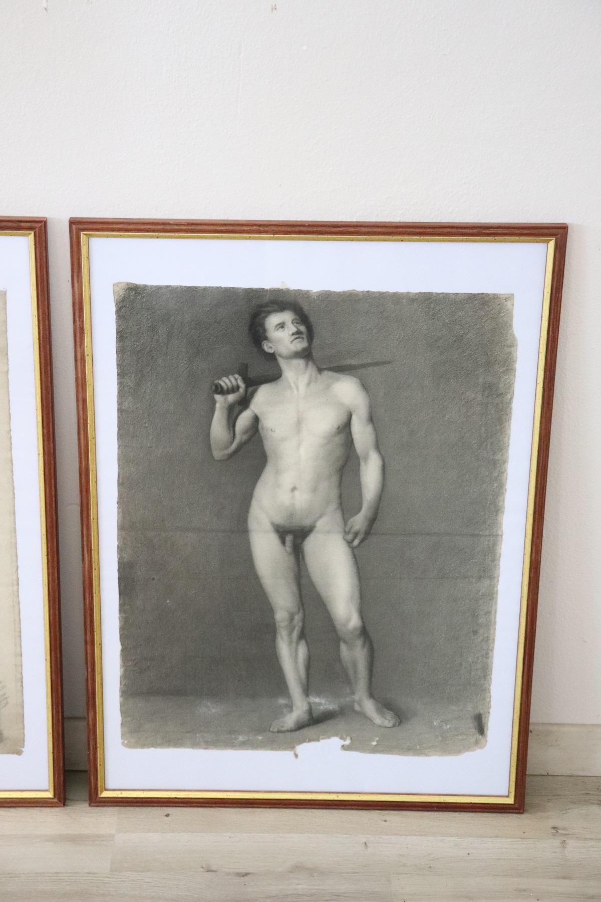 Beautiful series of three complete male nude pencil drawings. The study of male drawing nudes has always been of great interest in the history of art since ancient times. These three classically inspired designs are of the highest artistic quality.