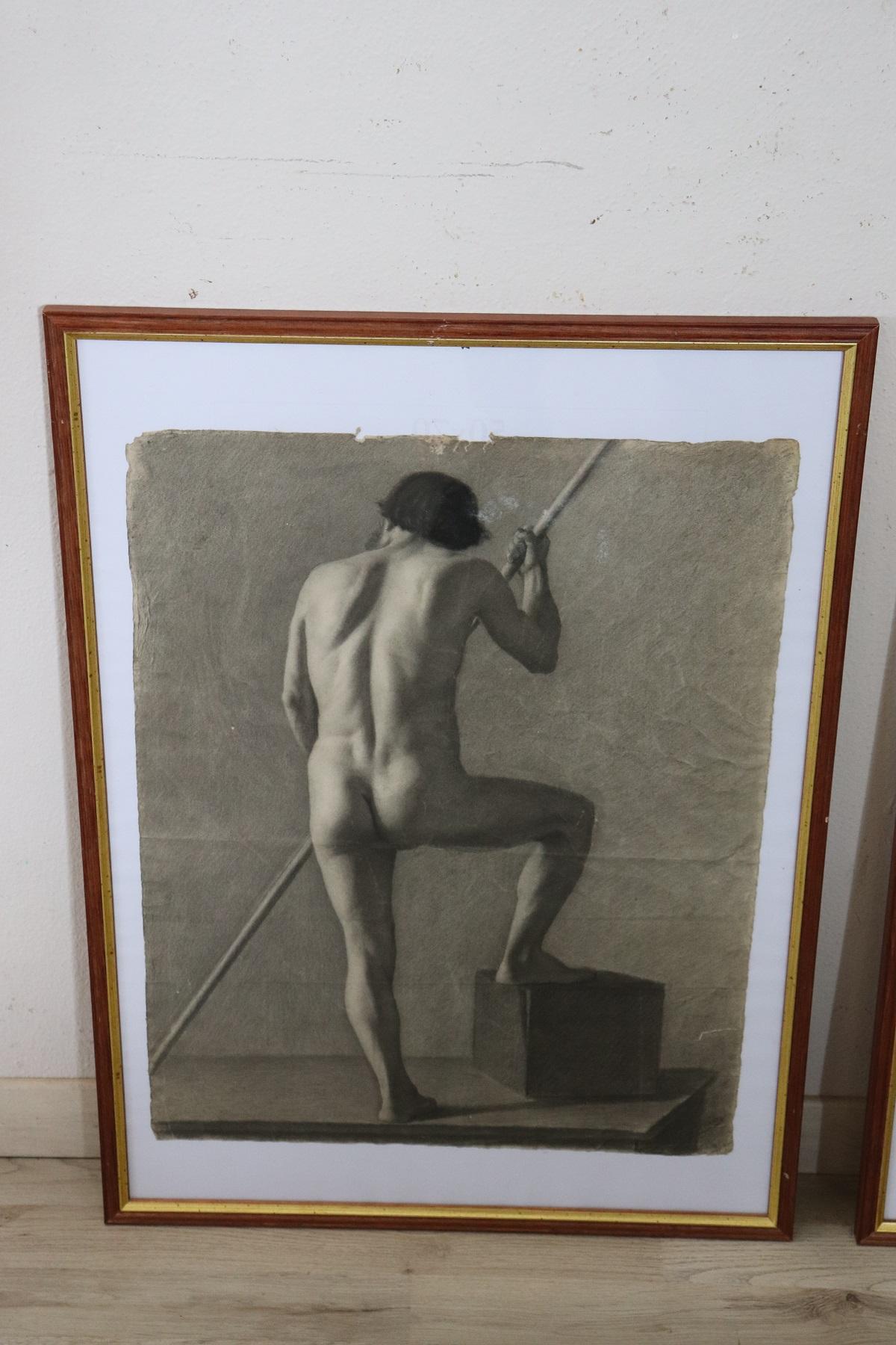 Early 20th Century Italian Drawings on Paper Male Nudes, Set of 3 In Good Condition In Casale Monferrato, IT