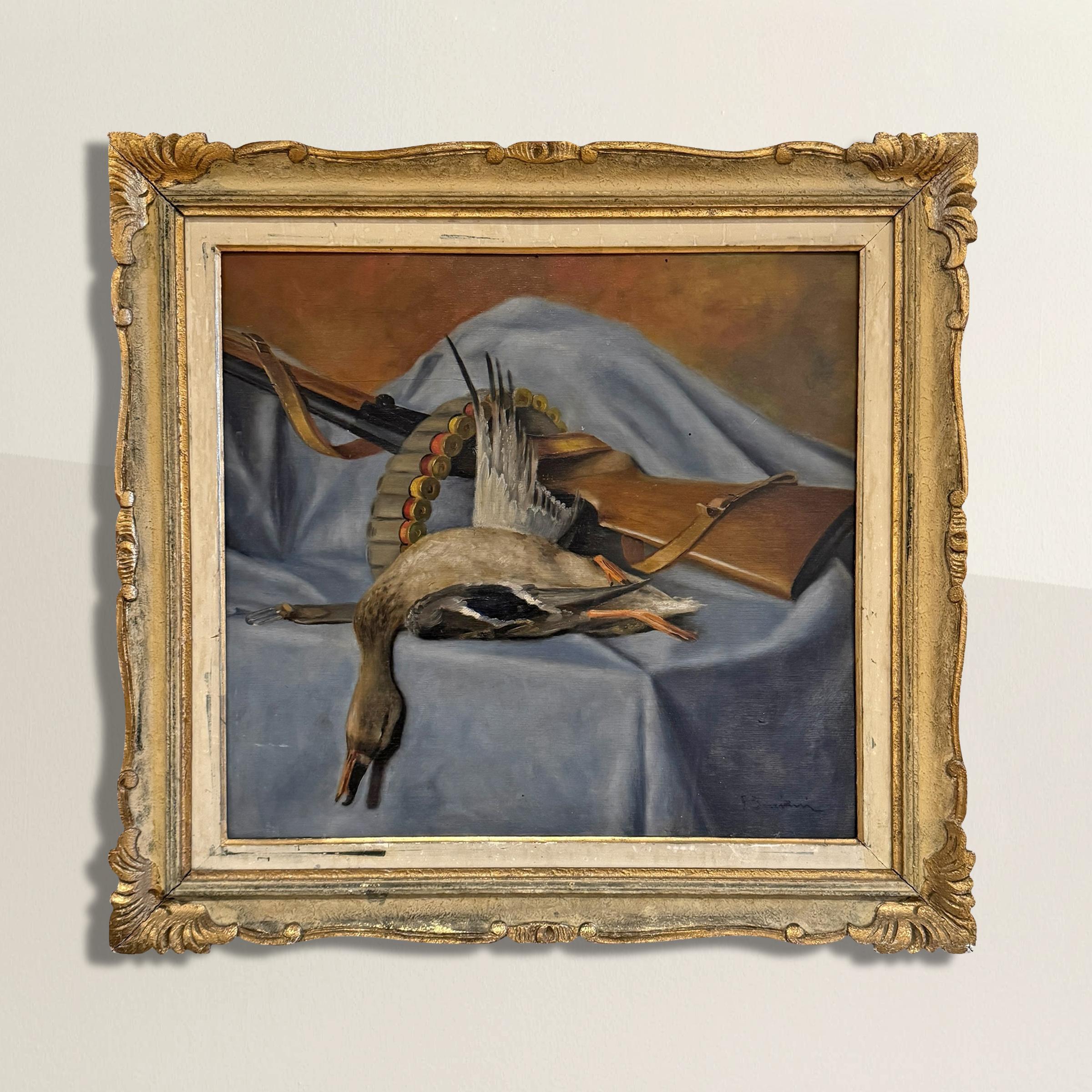 This early 20th-century Italian oil painting on board is a striking still life, capturing the quiet aftermath of the hunt. A well-worn shotgun rests atop a blue fabric-draped platform, its presence complemented by a leather ammo belt lined with
