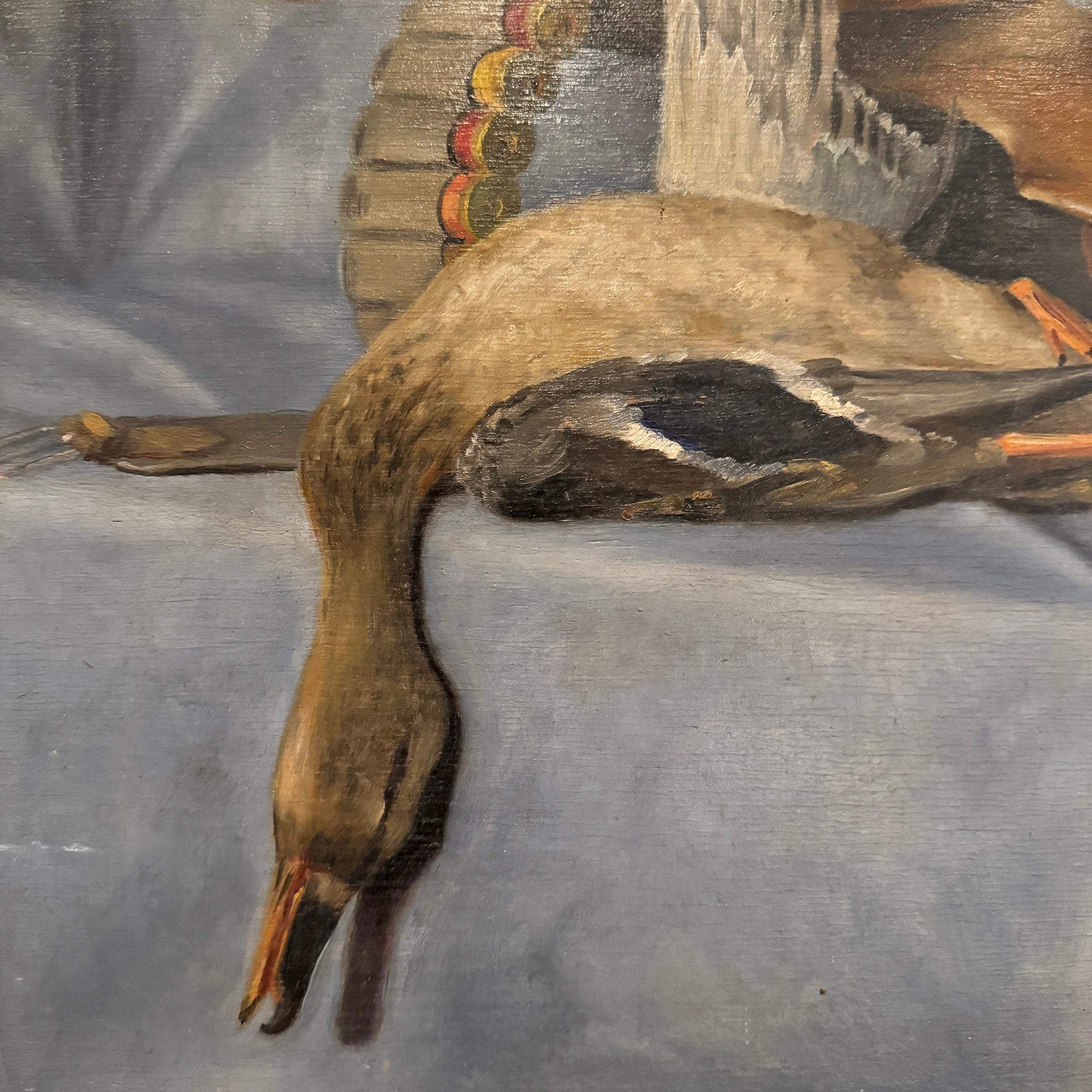 Hand-Painted Early 20th Century Italian Duck and Shotgun Still Life Painting For Sale