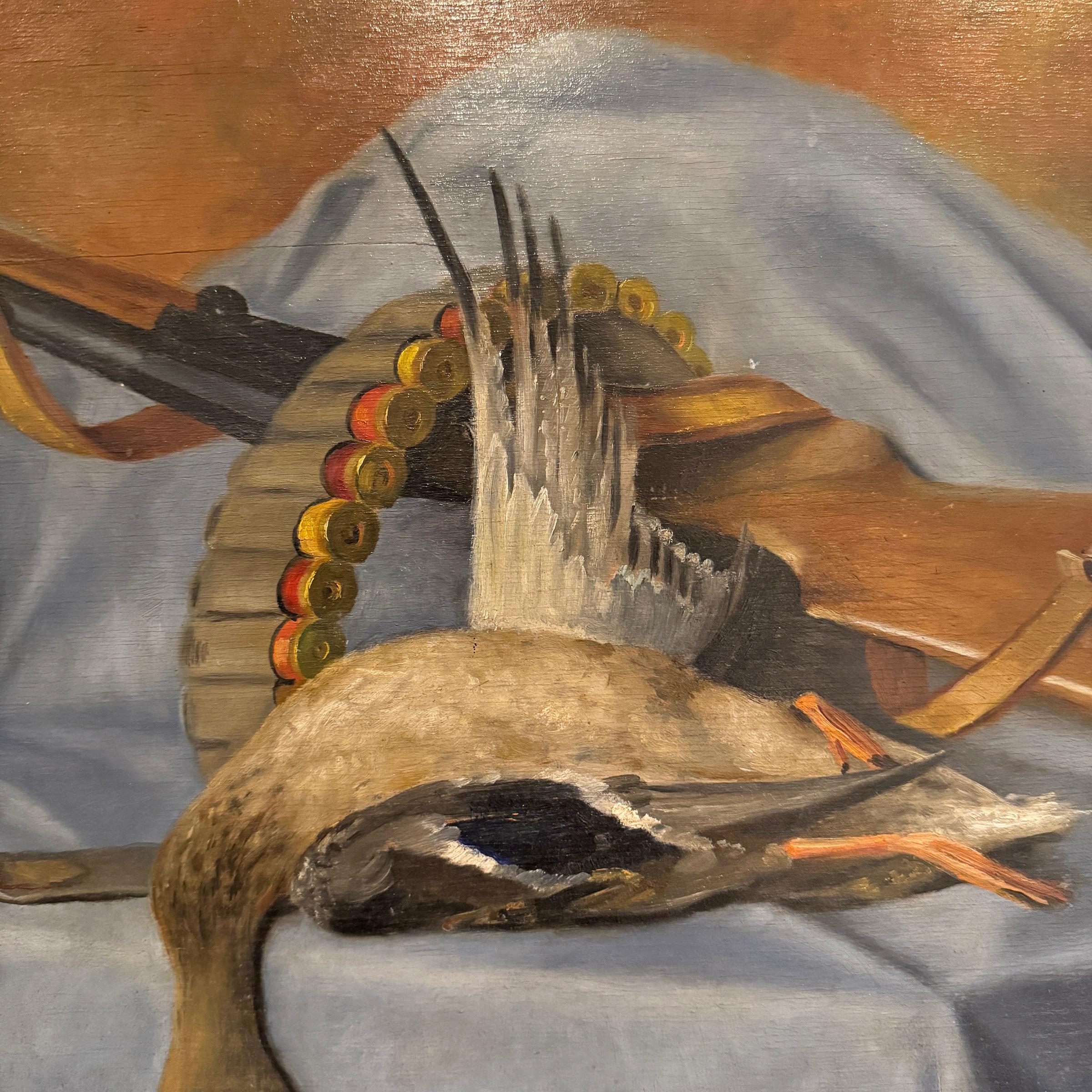 Early 20th Century Italian Duck and Shotgun Still Life Painting In Good Condition For Sale In Chicago, IL