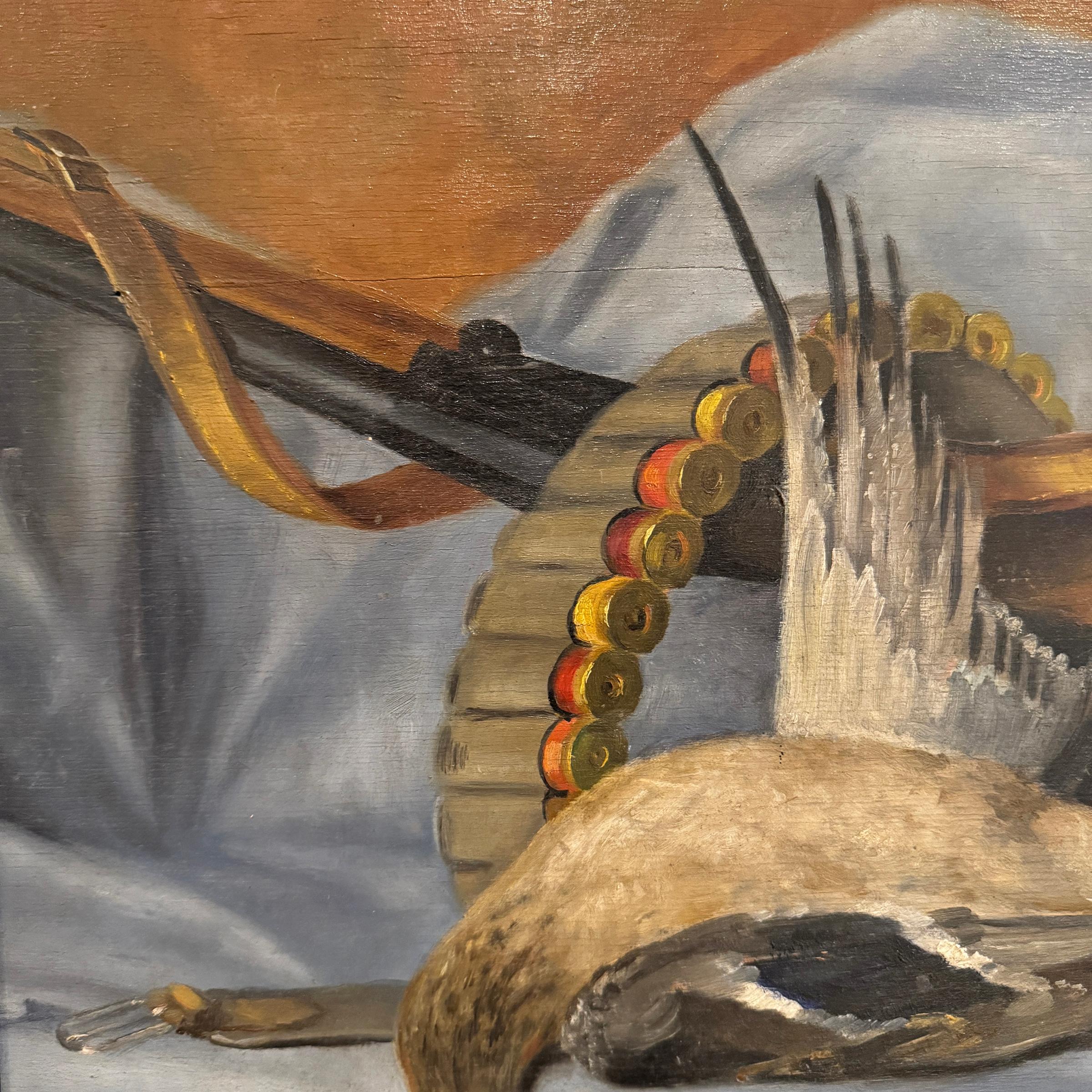 Early 20th Century Italian Duck and Shotgun Still Life Painting For Sale 1