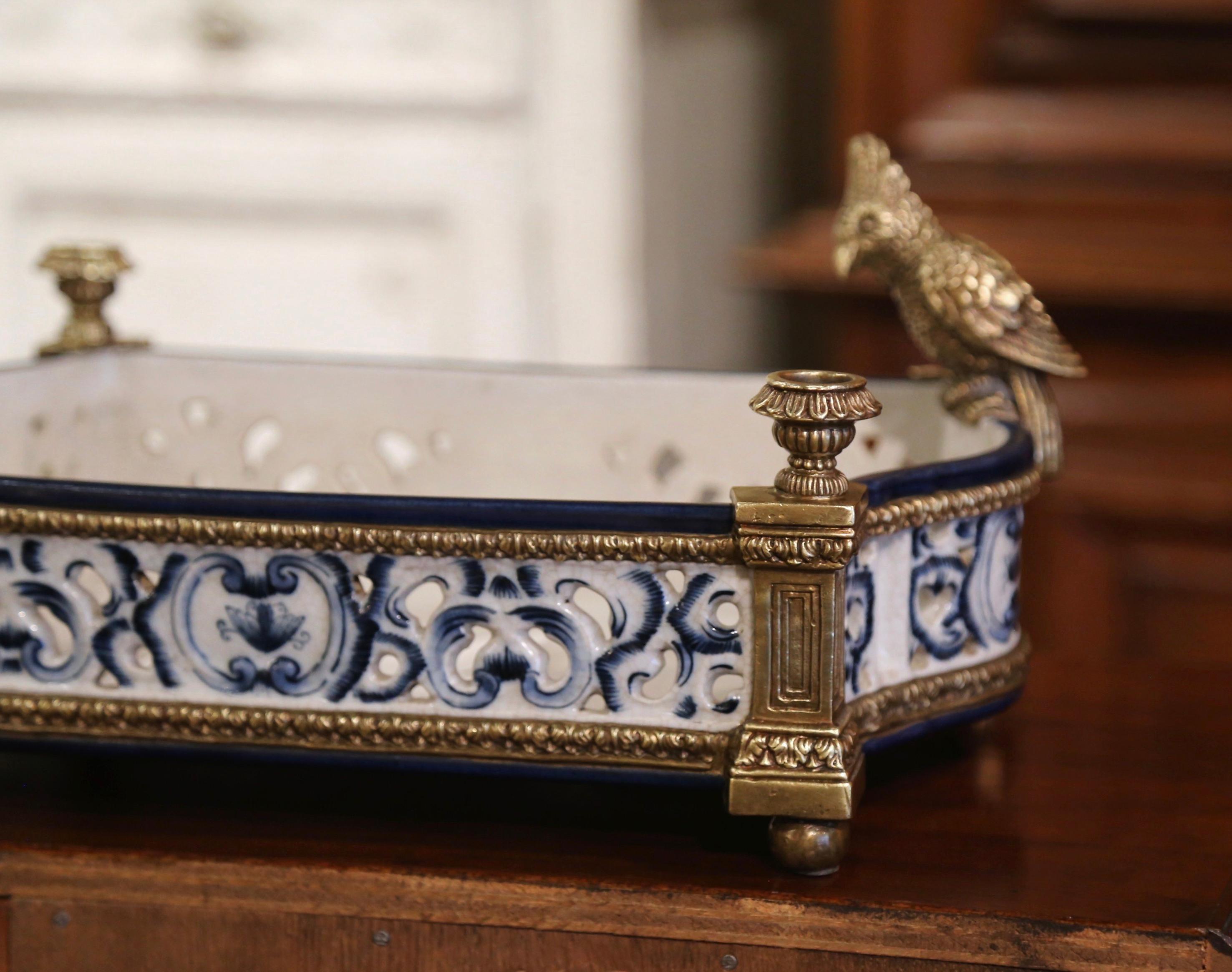 Hand-Crafted Early 20th Century Italian Faience and Bronze Centerpiece with Parrot Figures