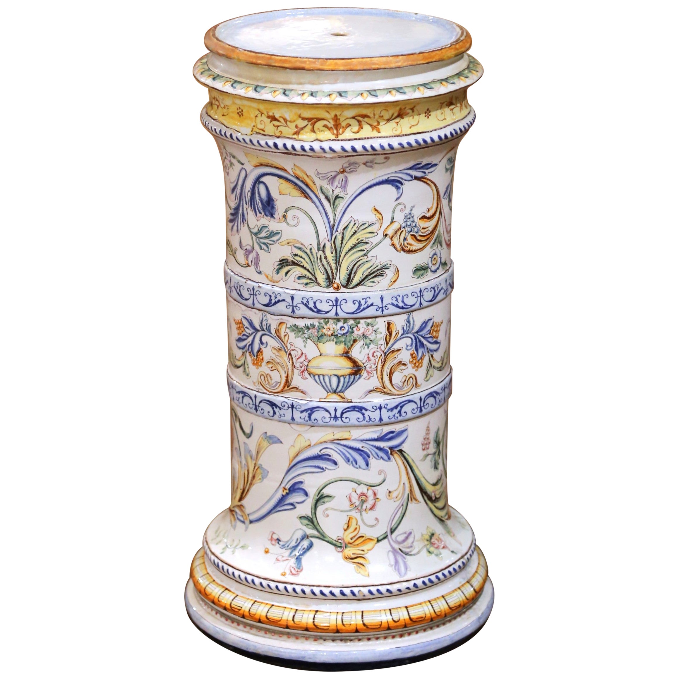 Early 20th Century Italian Faience Pedestal Column with Hand Painted Decor For Sale