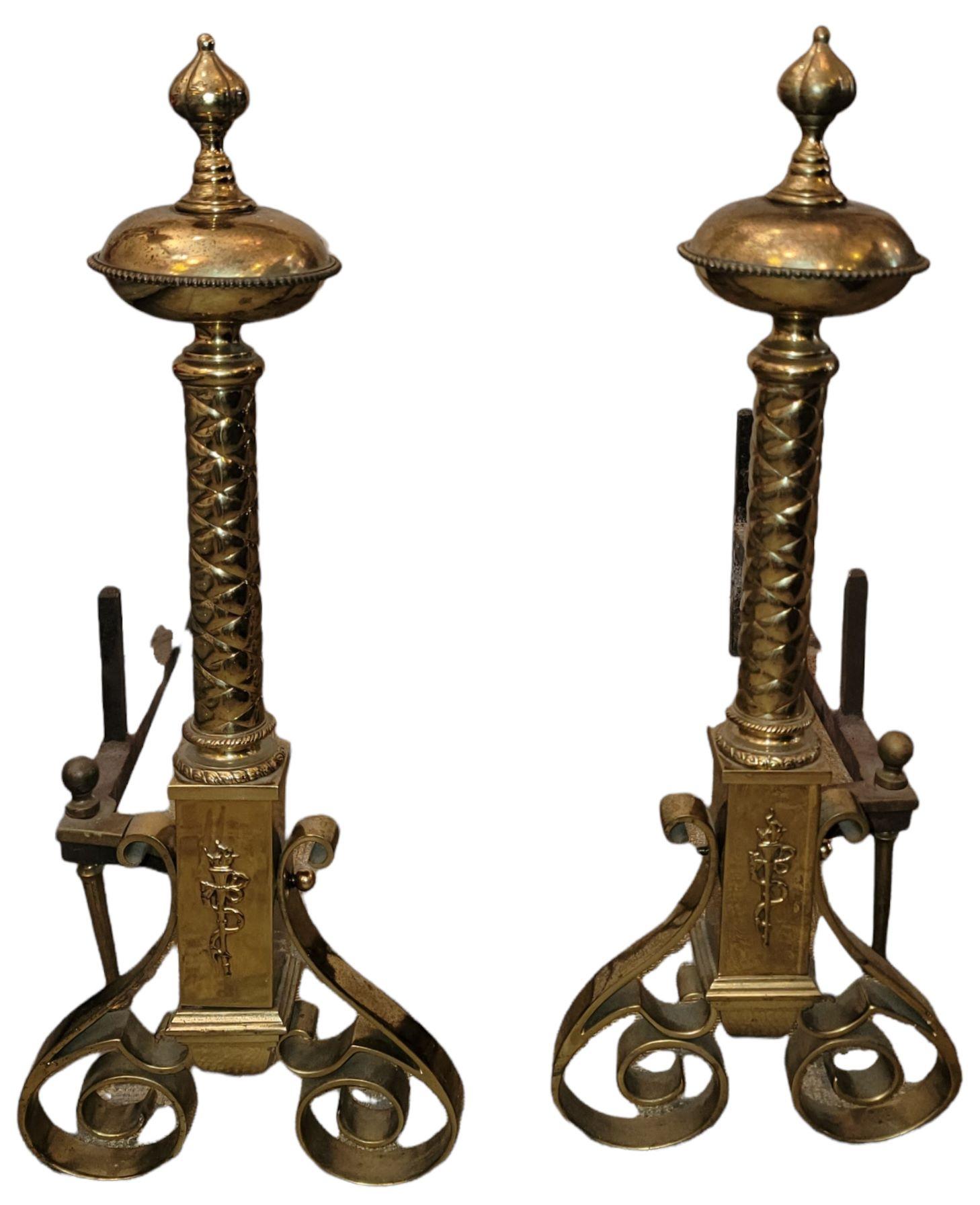 Mid-20th Century Early 20th Century Italian Fireplace Andiron and Chenet, 3 Piece Set For Sale