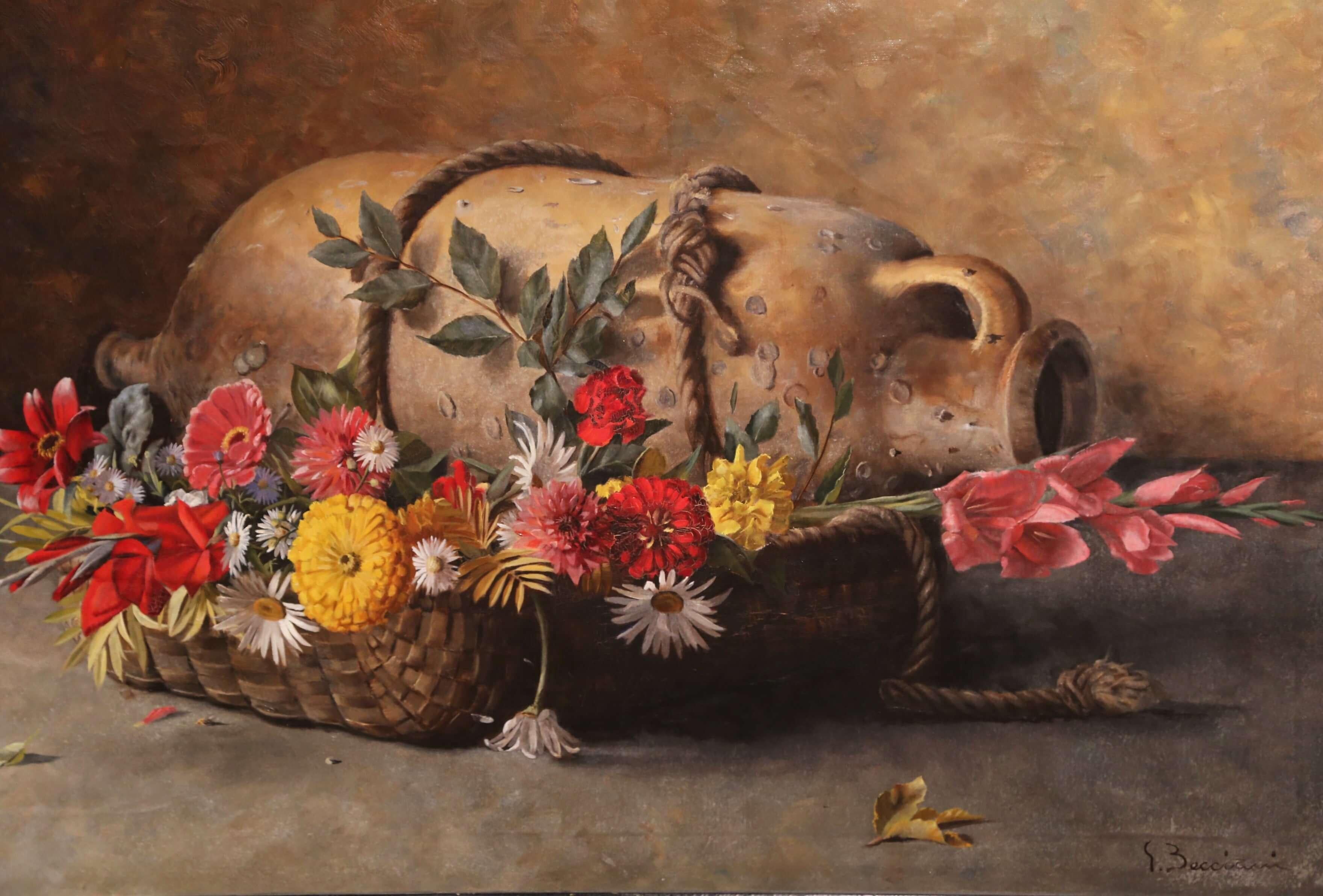This large oil on canvas still life composition was painted in Italy, circa 1940. Set inside its original, carved giltwood frame, the artwork features a Classic still life scene with an earthenware jug covered with wild flowers. This vivid