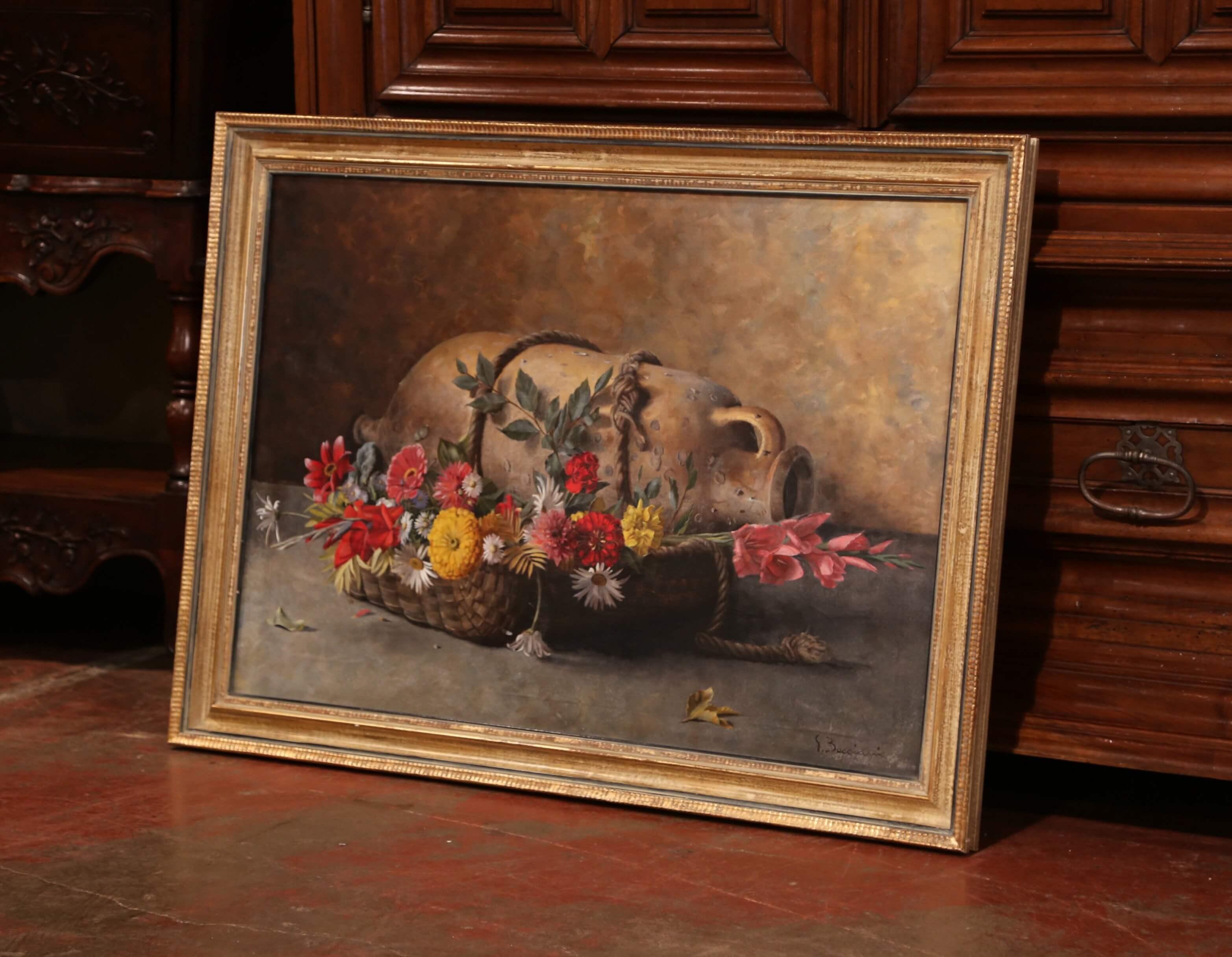 Early 20th Century Italian Framed Still Life Oil Painting Signed G. Becciani In Excellent Condition In Dallas, TX