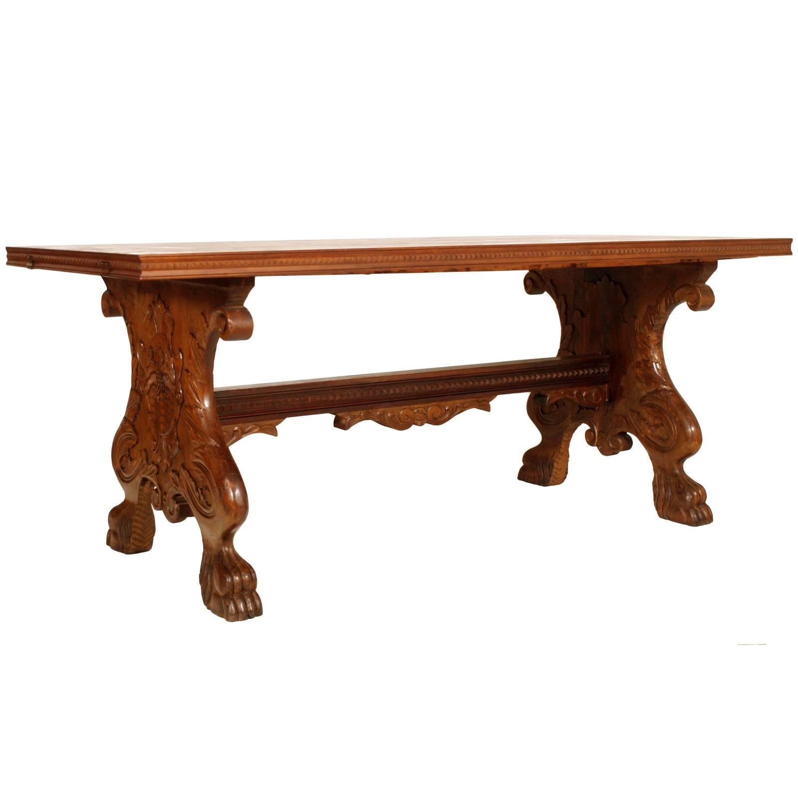 Early 20th Century Tuscany Carved Extendable Walnut Table by Michele Bonciani