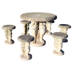 Antique Early 20th Century Italian Garden Set Table with Six Stools