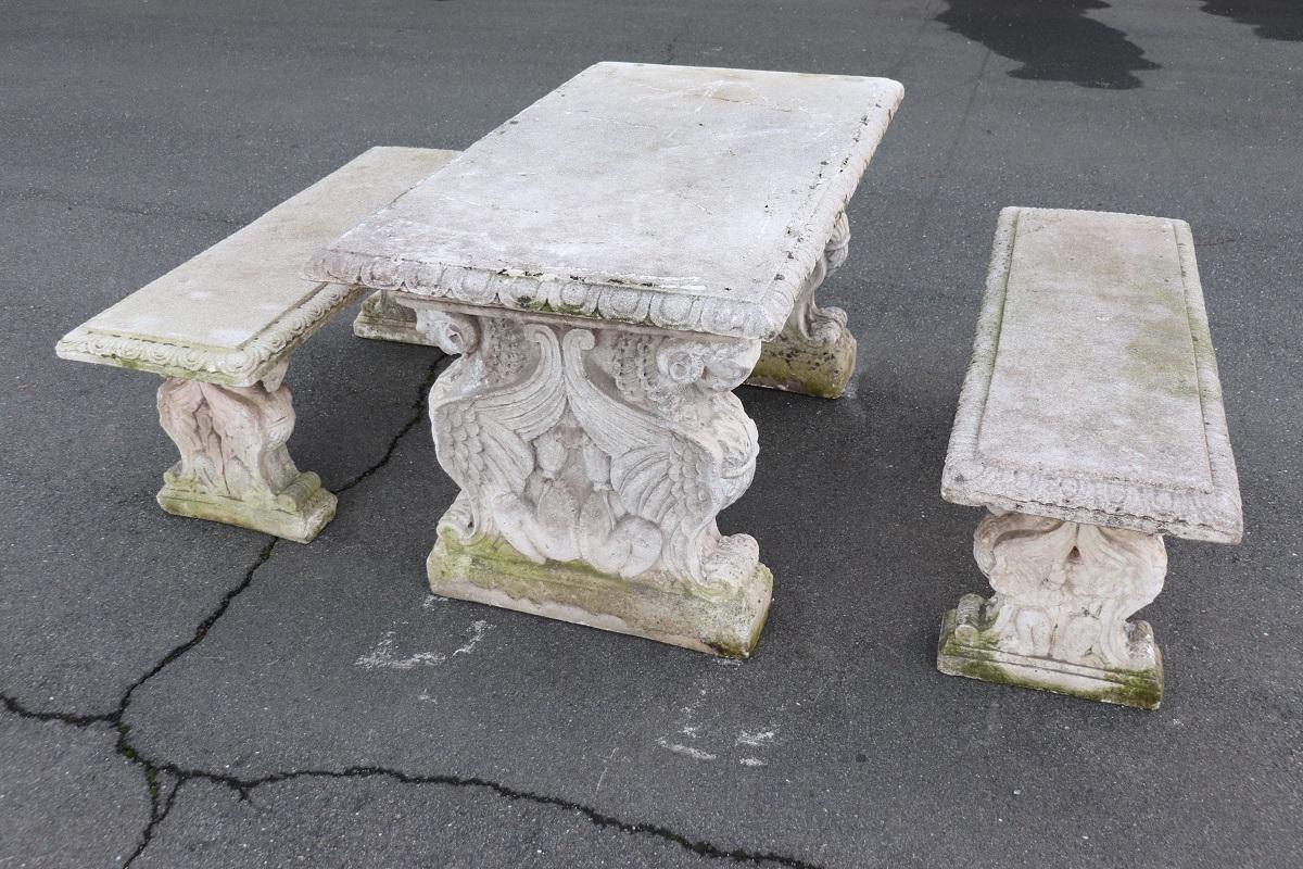 Stone Early 20th Century Italian Garden Set Table with Two Benchs