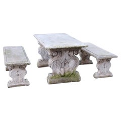 Antique Early 20th Century Italian Garden Set Table with Two Benchs
