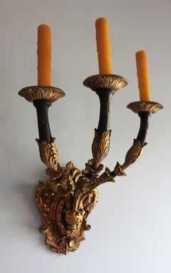 Early 20th Century Italian Gilt and Ebonized 3-Light Wall Sconces, Pair