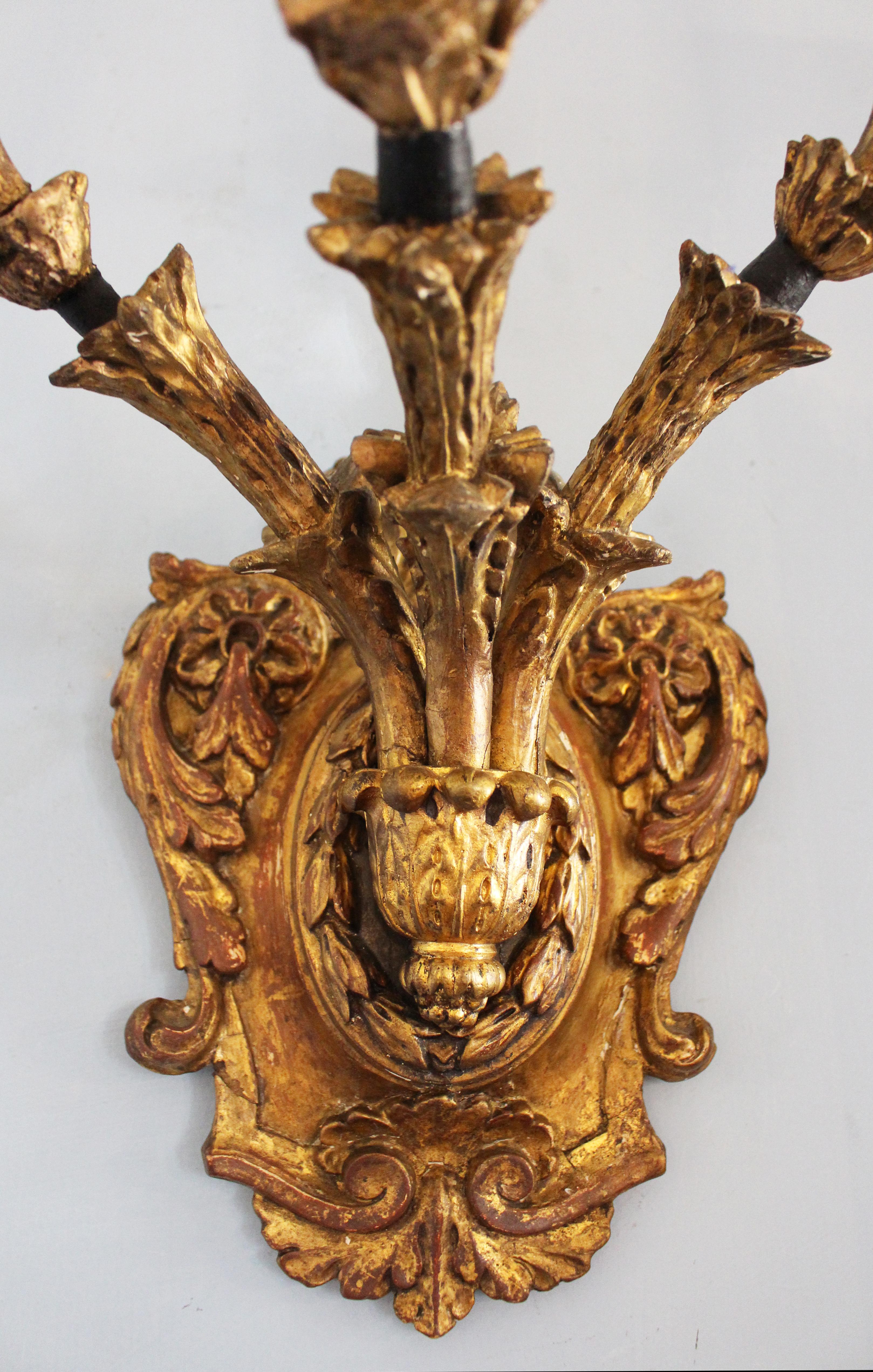 Neoclassical Revival Early 20th Century Italian Gilt and Ebonized 3-Light Wall Sconces, Pair