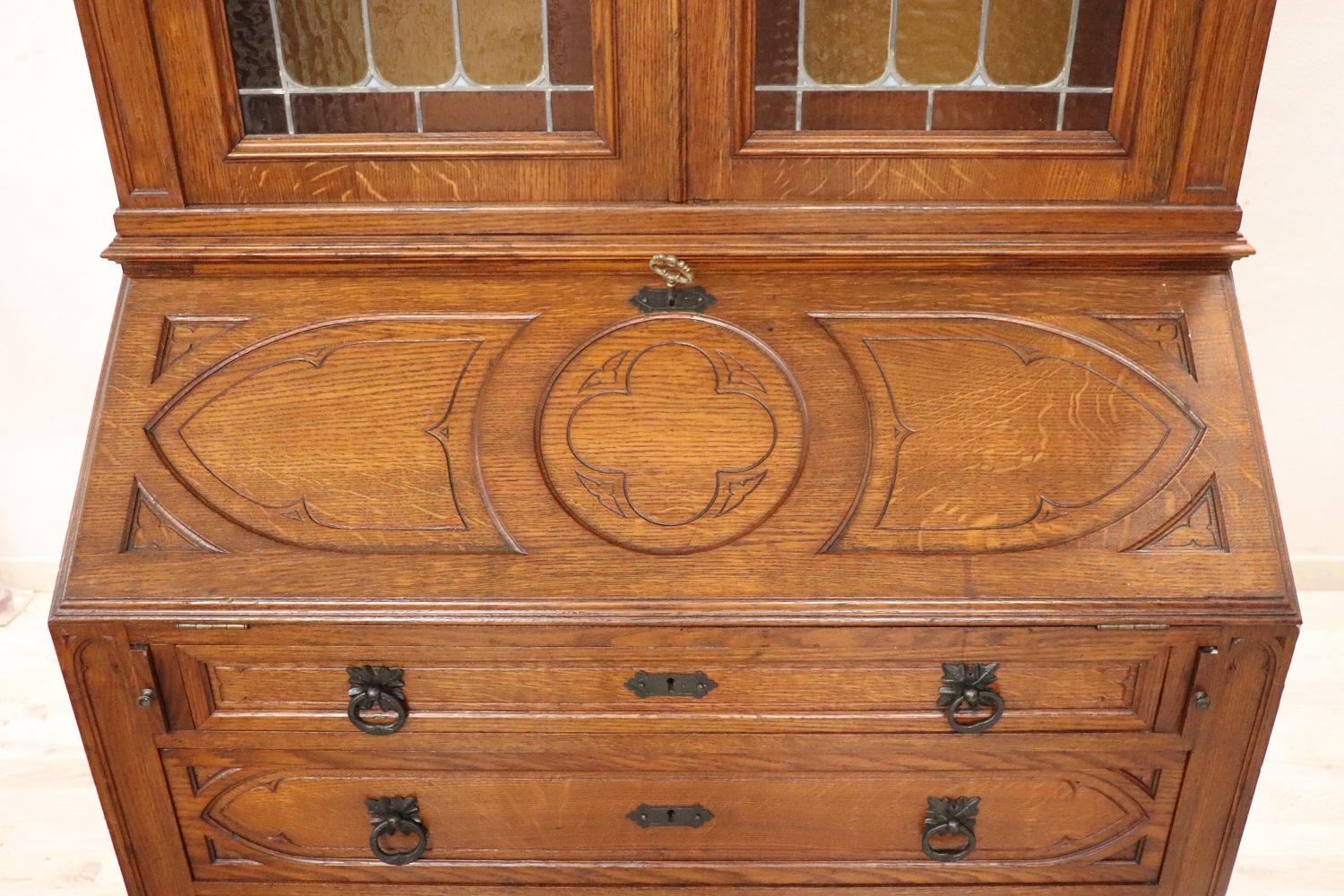 Early 20th Century Italian Gothic Style Solid Oak Wood Cabinet For Sale 1