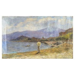 Antique Early 20th Century Italian Lake Como View Oil on Canvas Mountain Landscape