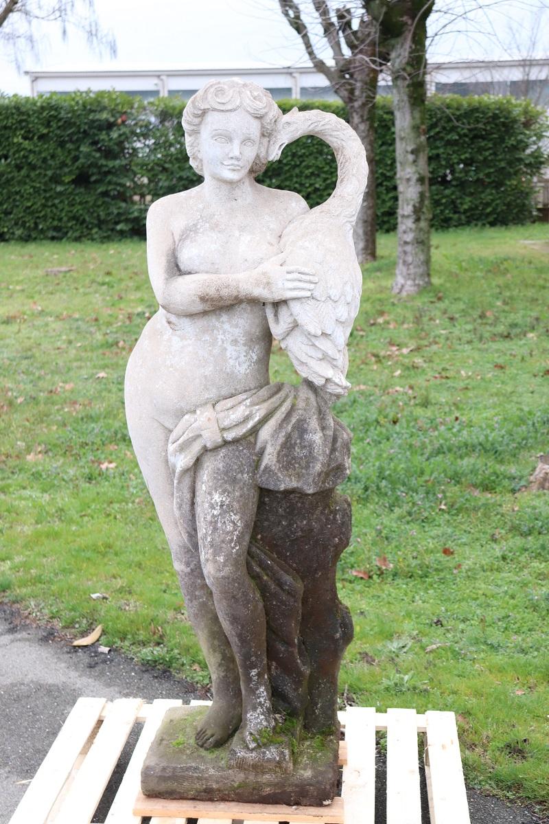 Beautiful refined large garden statue, circa 1920s main material stone mixed with cement and marble dust, stone grit. Beautiful and majestic statue. A beautiful representation of Leda and the swan. The sculpture represents Leda, queen of Sparta,