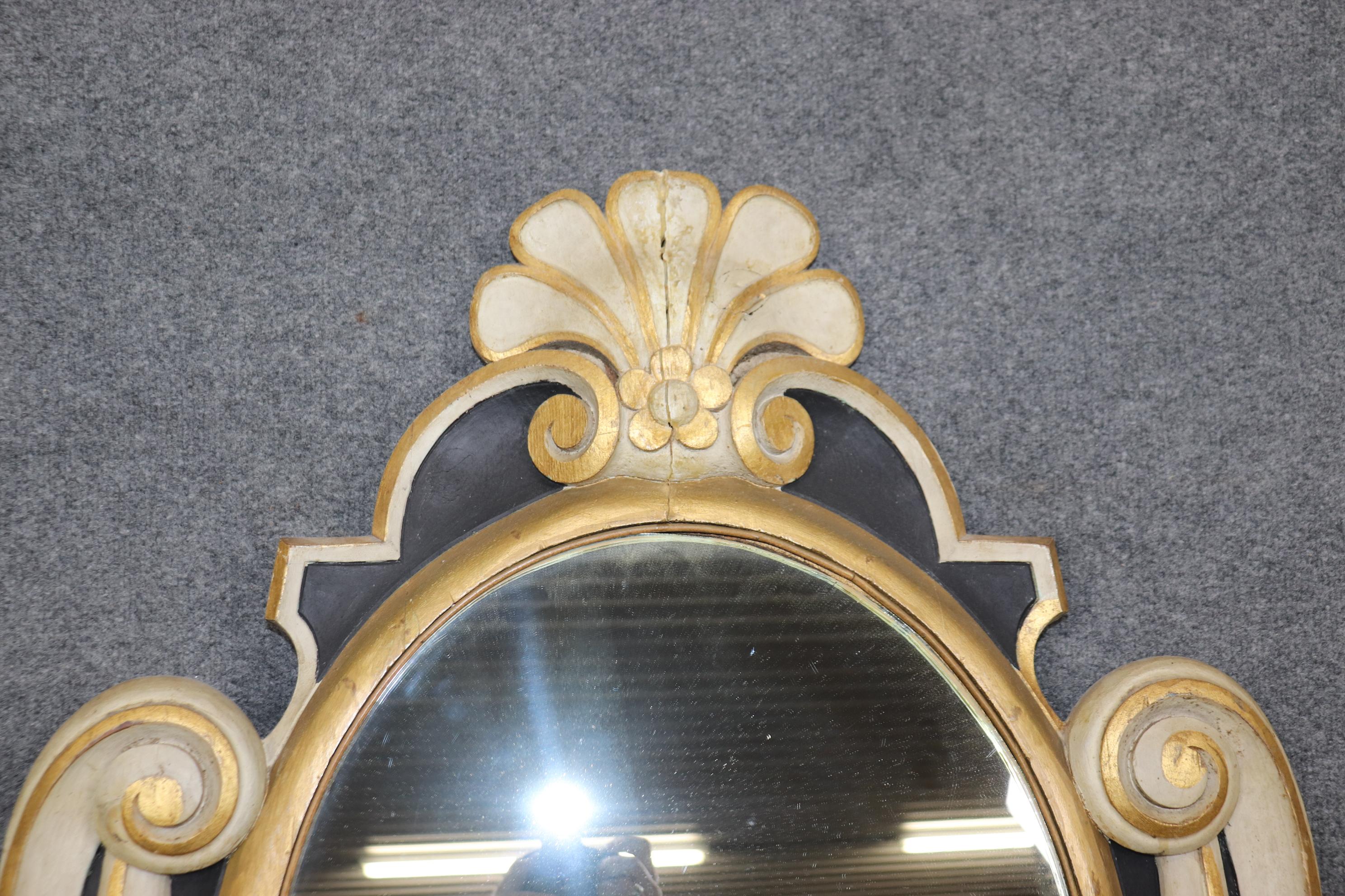 This is a superb mirror in good condition for its age. The mirror is polychromed in various colors and has a bold design and linen-fold carving. There are minor seams from construction and signs of age and use but nothing significant. Measures 41.5