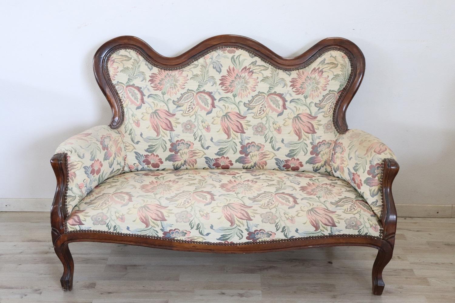 Rare complete Italian luxury Louis Philippe style 1930s living room set includes:
1 sofa
1 armchair

Refined living room set in walnut wood. The living room comes from an important Italian villa and embellished the room for relaxation and