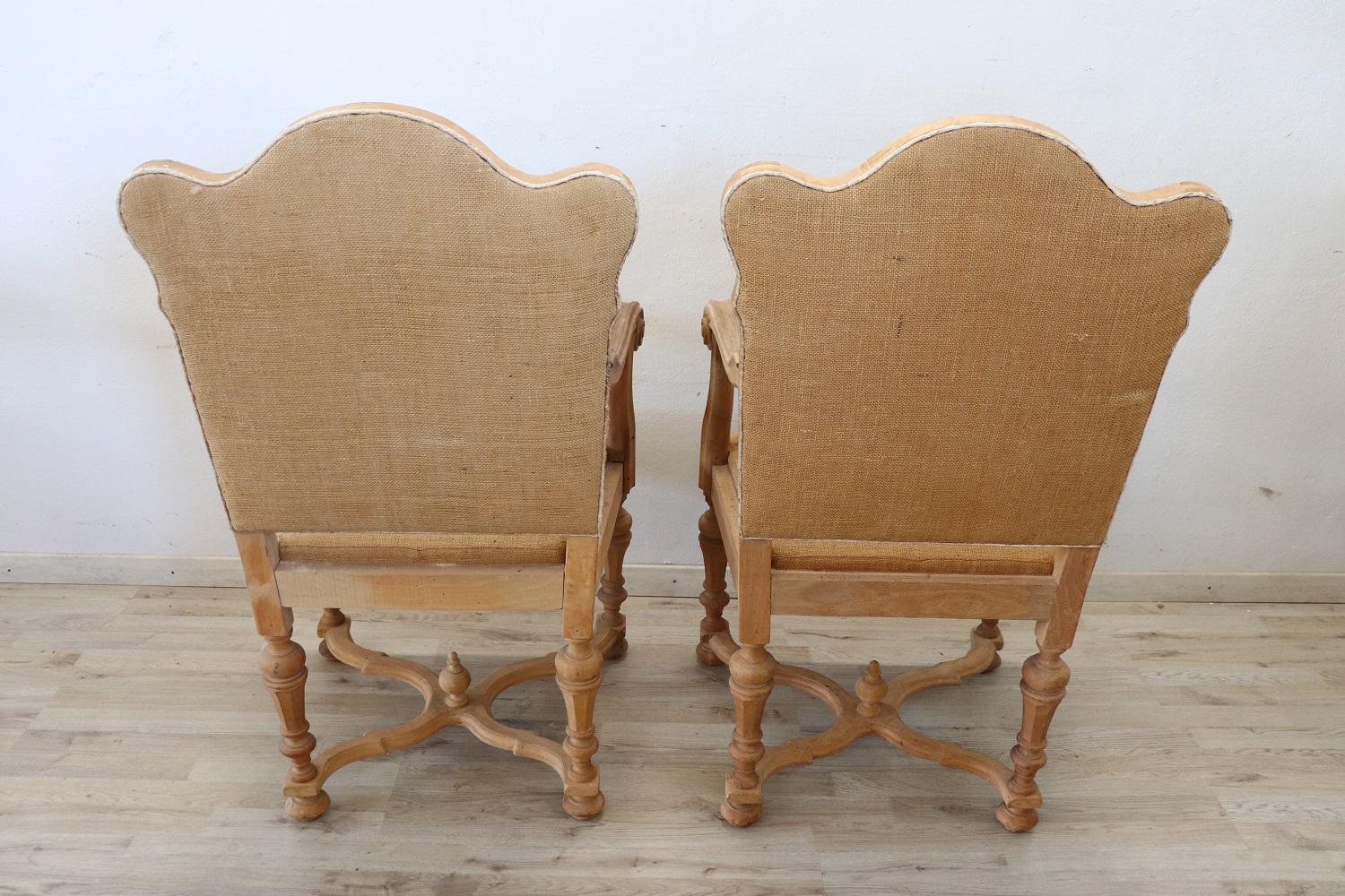 Early 20th Century Italian Louis XIV Style Poplar Wood Pair of Armchairs For Sale 6