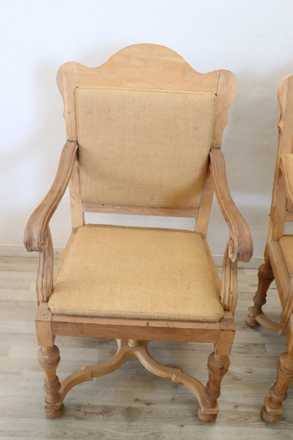 Italian Louis XIV style pair of armchairs very comfortable. Made of poplar wood with special natural wood finish without color or varnish. Perfect upholstery restored with particular use of jute. The use of natural materials without modifications or