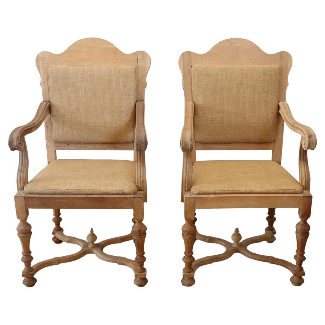 Early 20th Century Italian Louis XIV Style Poplar Wood Pair of Armchairs For Sale