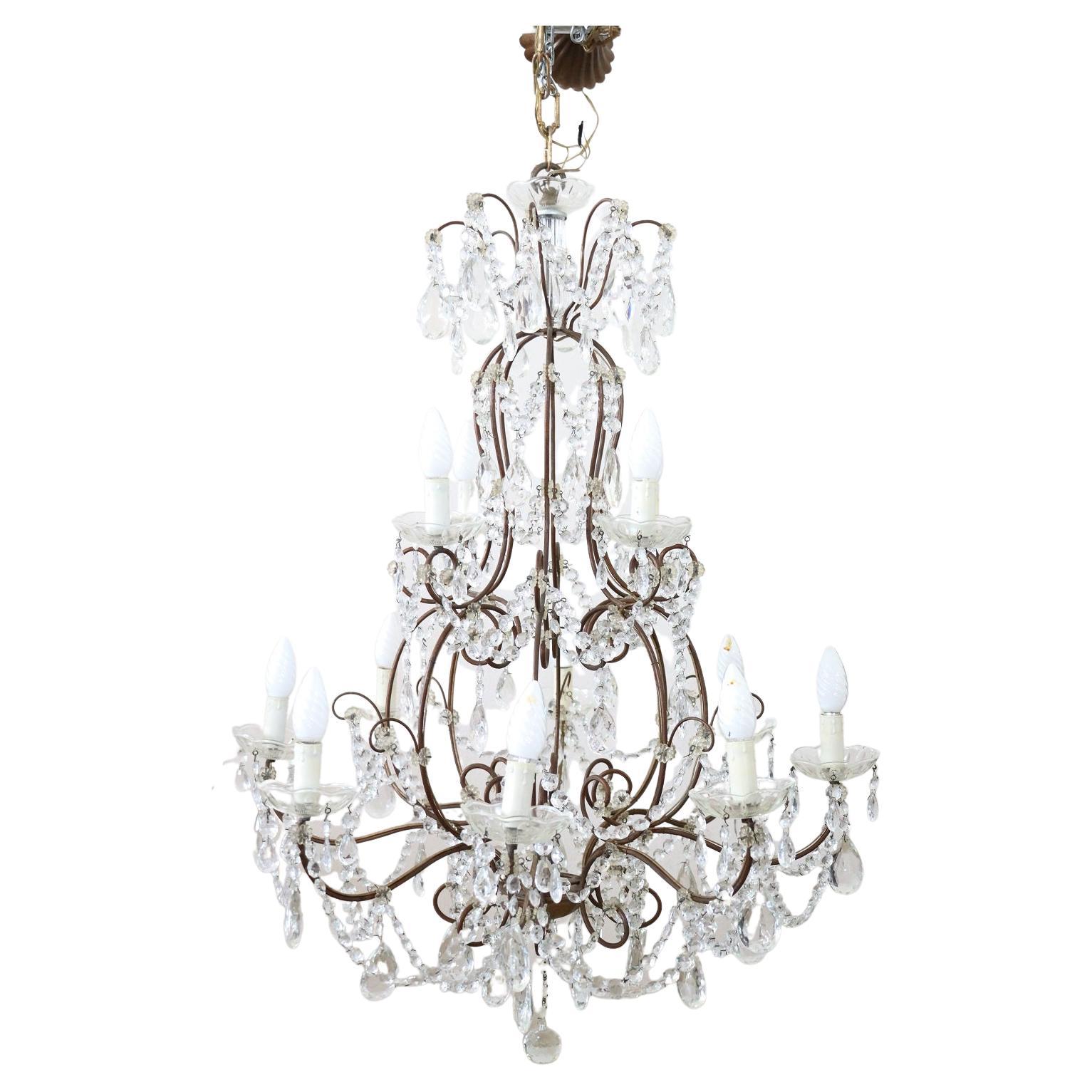 Early 20th Century Italian Louis XVI Style Bronze and Crystals Chandelier
