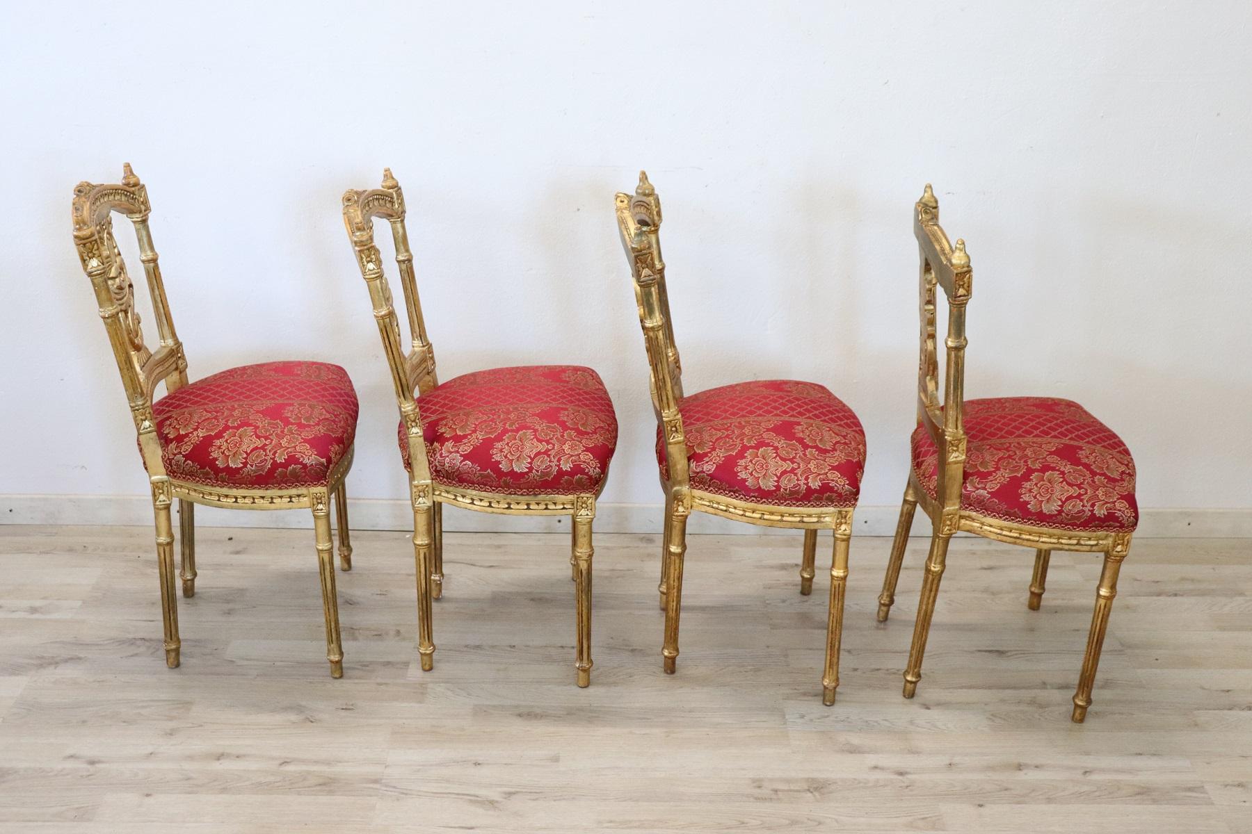 Early 20th Century Italian Louis XVI Style Carved and Gilded Wood Four Chairs 6