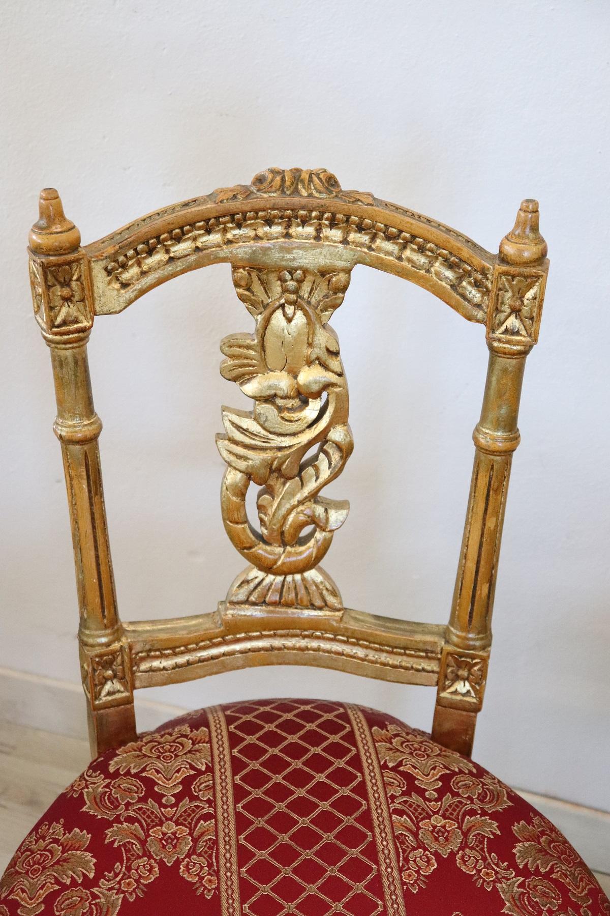 Gilt Early 20th Century Italian Louis XVI Style Carved and Gilded Wood Four Chairs