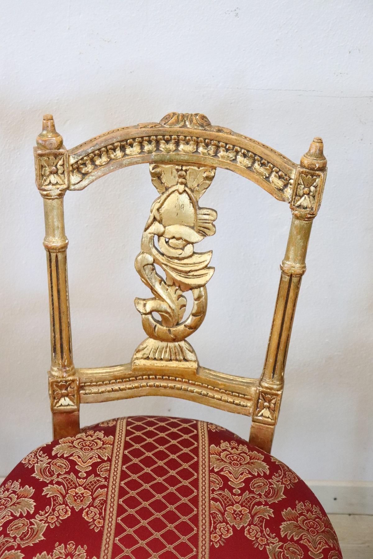 Early 20th Century Italian Louis XVI Style Carved and Gilded Wood Four Chairs In Good Condition In Casale Monferrato, IT