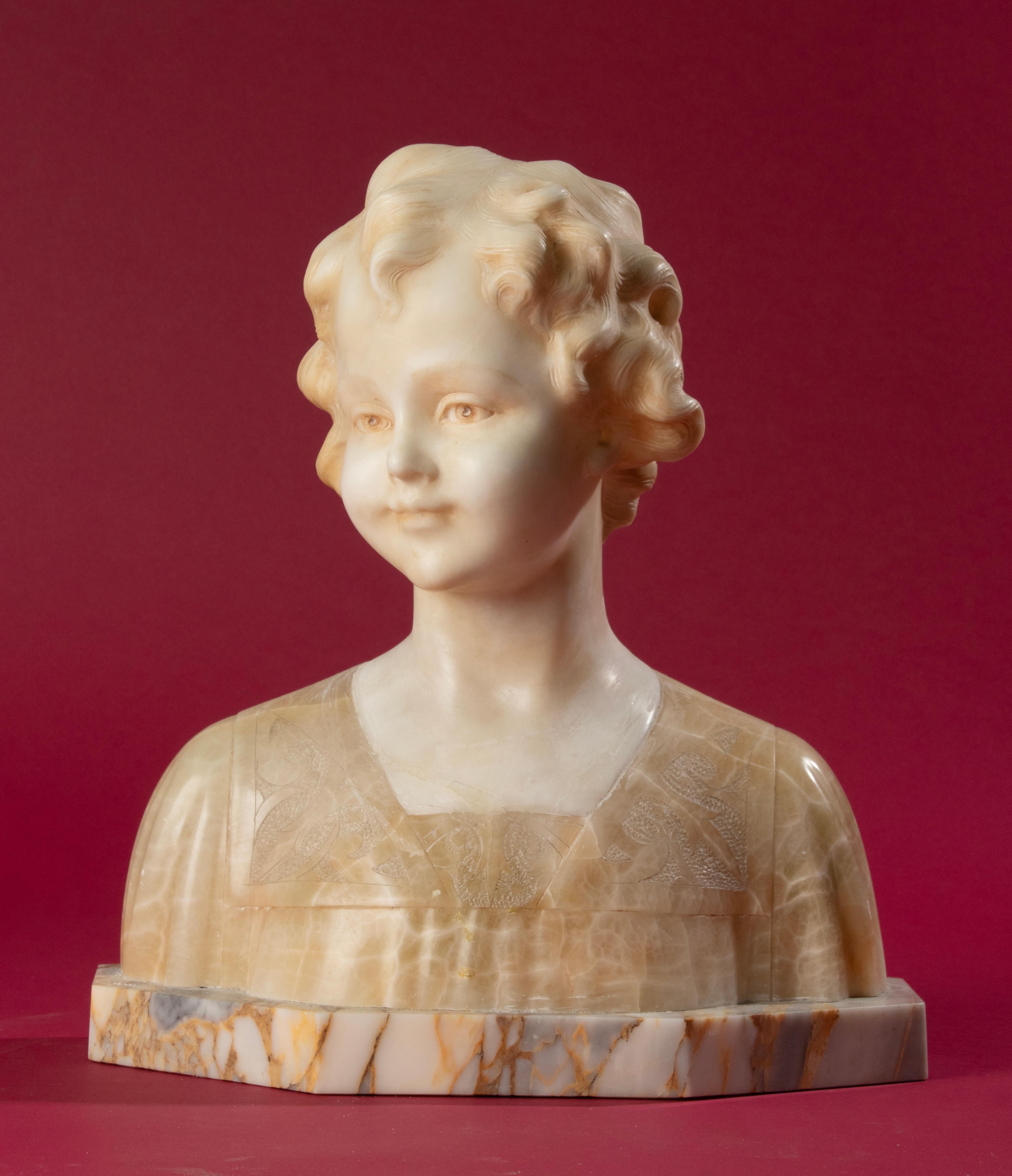 Multicolored alabaster statue of a young girl. Signed on the back: A. Trefoloni. (Italy, XIX-XX). The statue has a lovely appearance. The curly hair has a lot of detail, and contrasts nicely with the softness of the childish face. The clothing is of