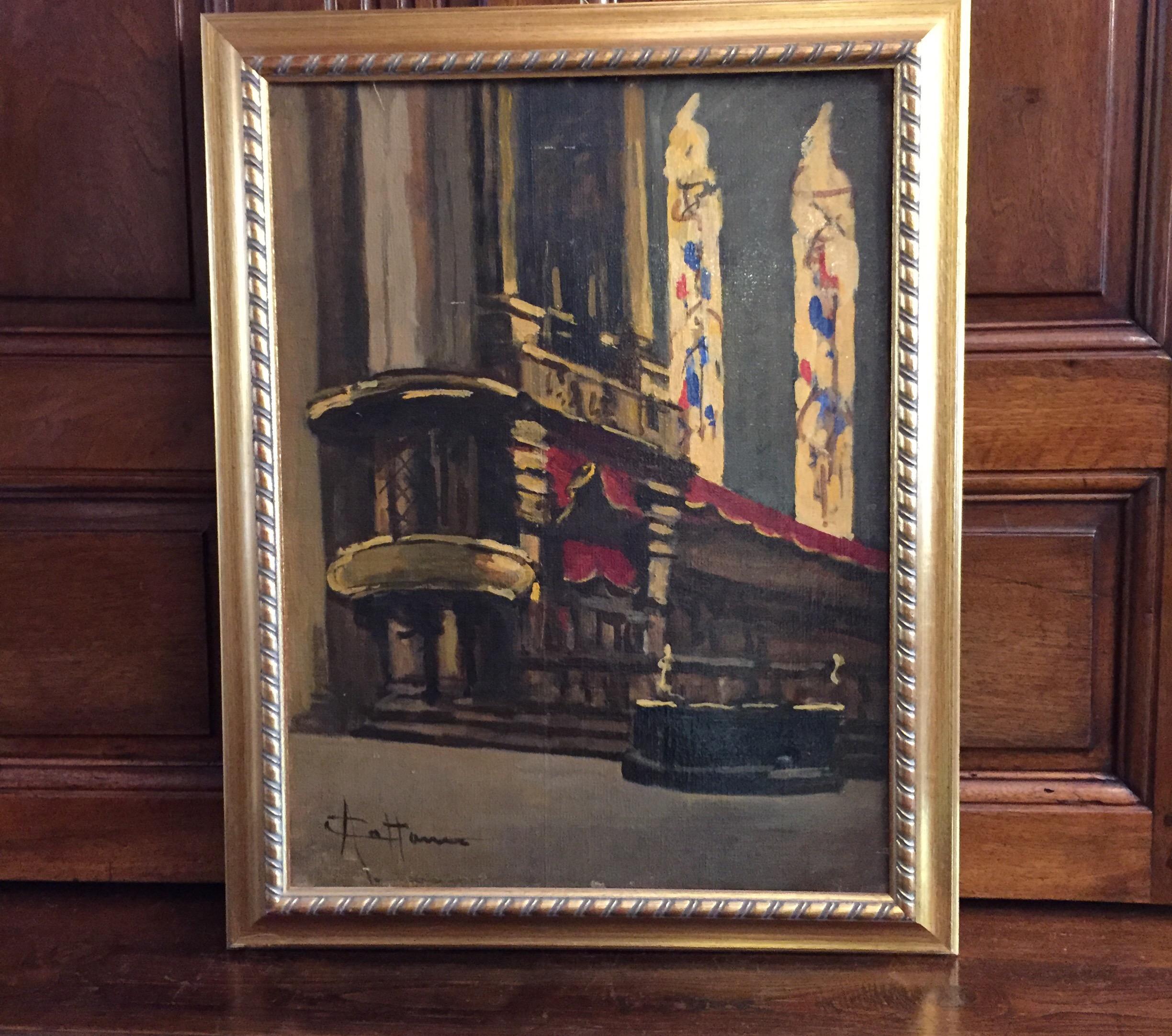 Italian oil on canvas painting signed on the lower left, by the milanese artist Achille Cattaneo (1872-1932) depicting a church interior, may be the Milan Duomo cathedral interior, with its famous polychrome stained glass windows.
Excellent