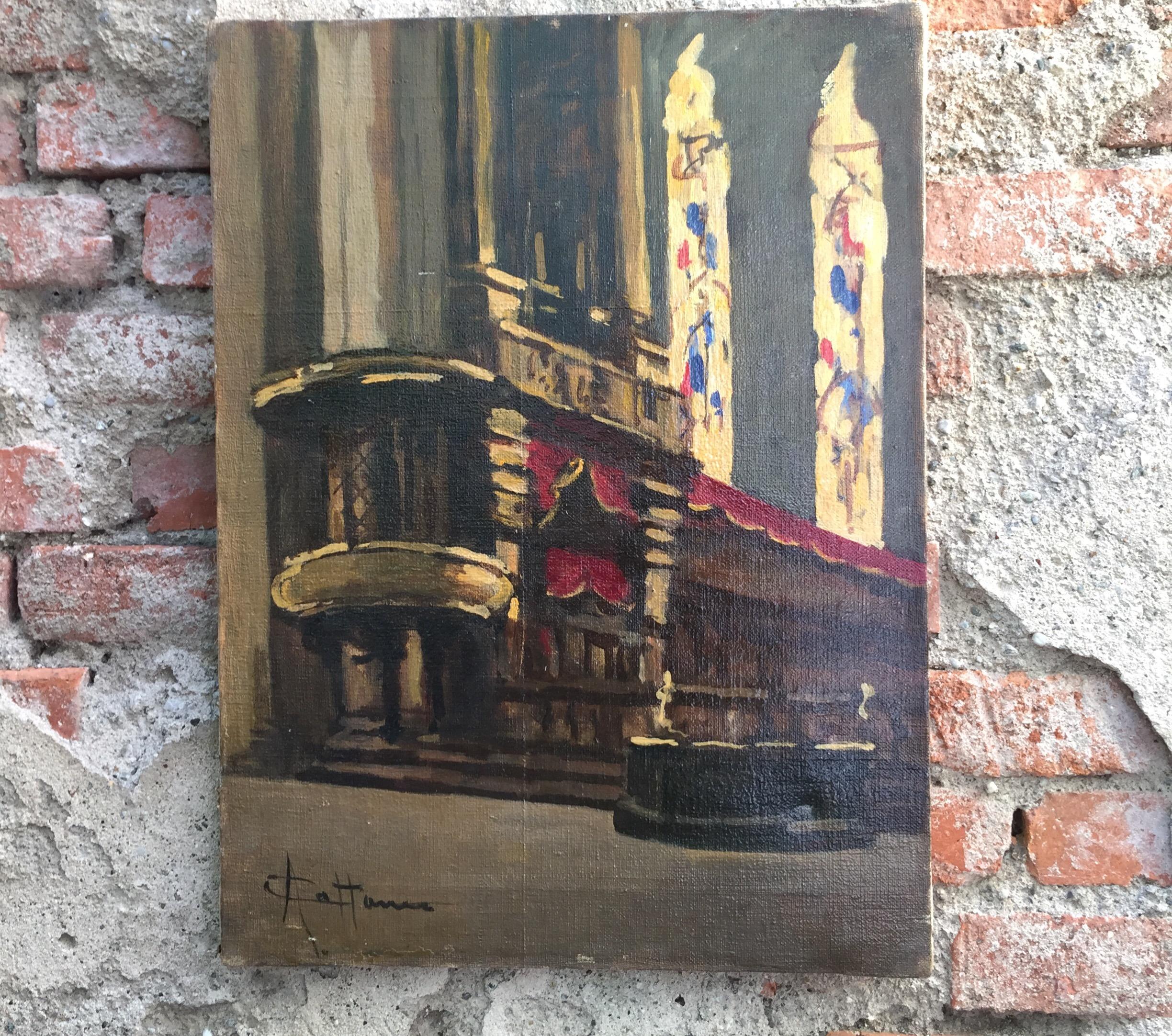 Art Nouveau Dipinto Italiano Inizi 1900 Interno di Chiesa di Achille Cattaneo For Sale