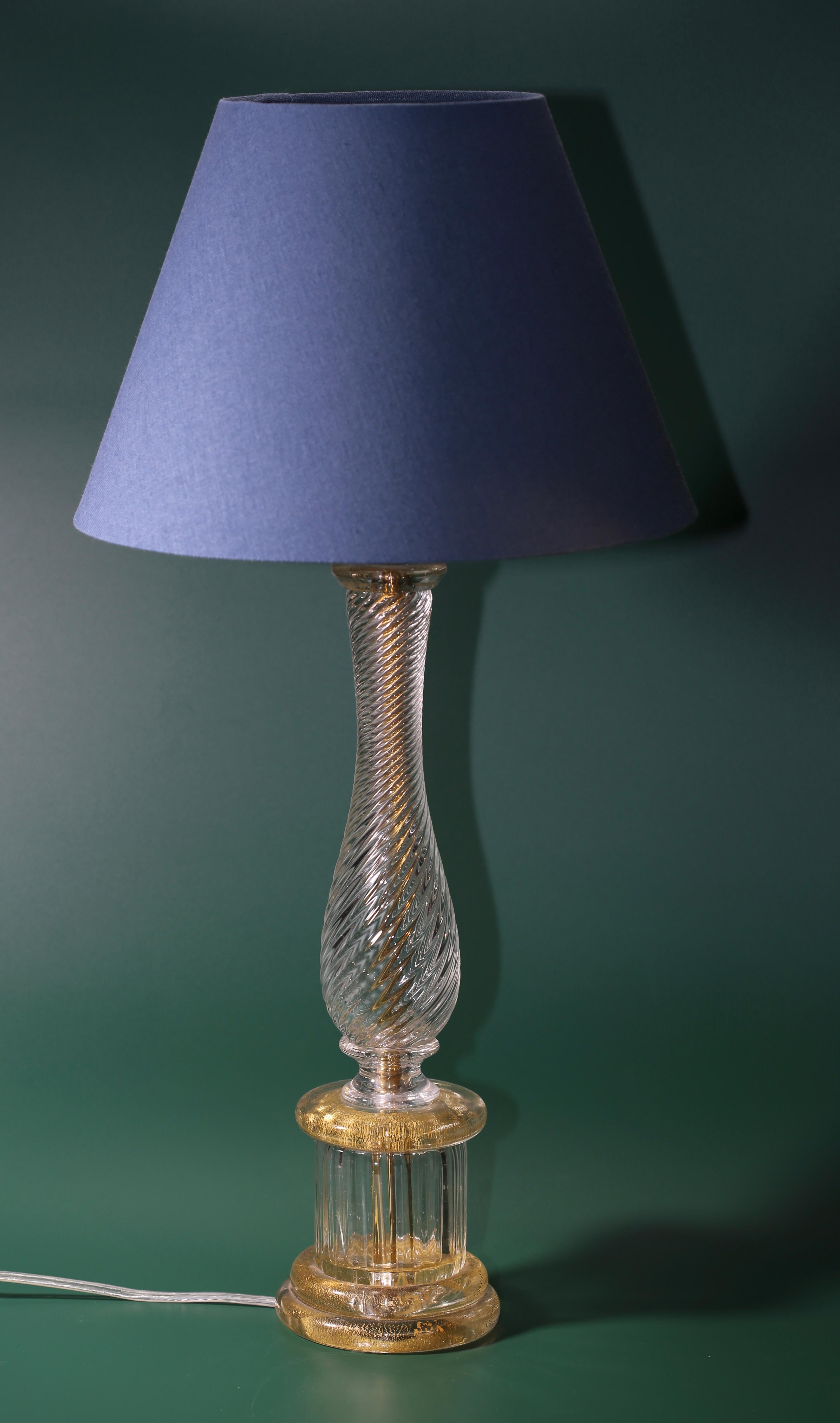 Early 20th century art lamp made from Murano glass. Made in Italy. New custom made lampshade. Rewired with new plug and electric wire.

Measurements: Width of lamp base: 100mm
 Width of lampshade: 270mm
 Height of Item: 560mm.
 