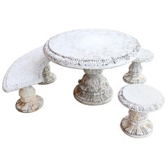 Early 20th Century Italian Neoclassical Garden Set Table Bench and Two Stools