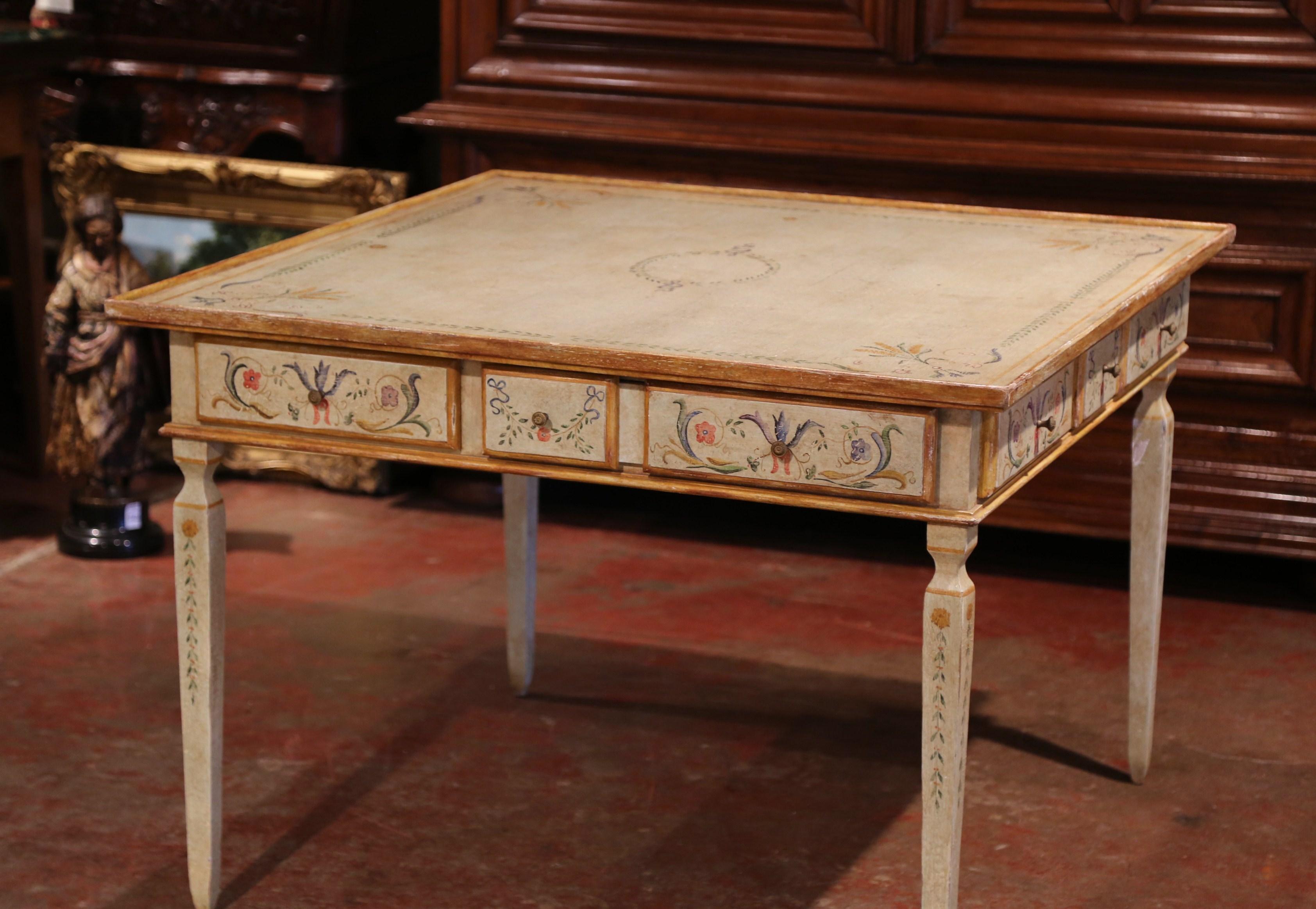 Hand-Carved Early 20th Century Italian Neoclassical Painted Square Game Table with Drawers