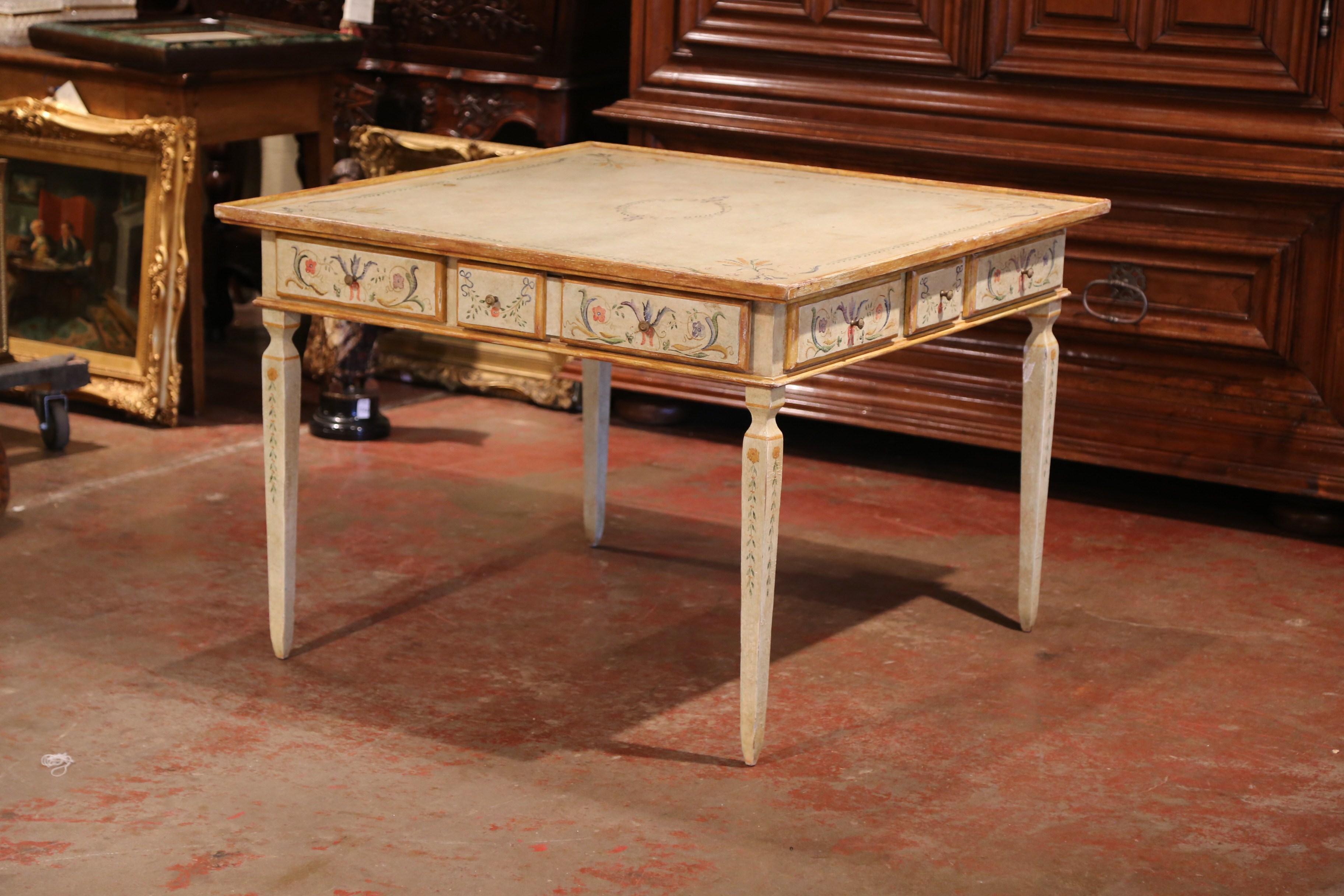 Pine Early 20th Century Italian Neoclassical Painted Square Game Table with Drawers