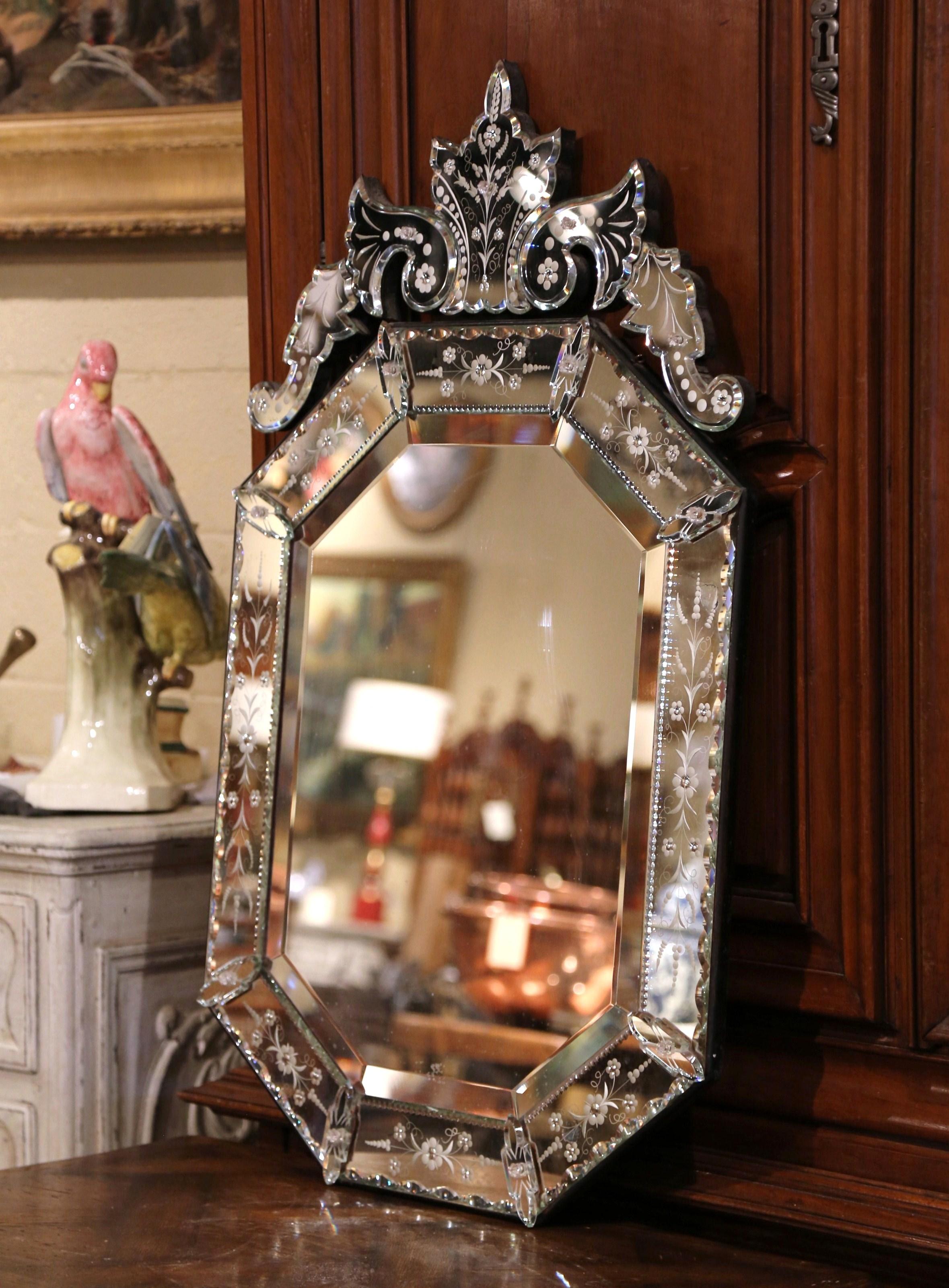 Early 20th Century Italian Octagonal Venetian Mirror with Painted Floral Etching 2