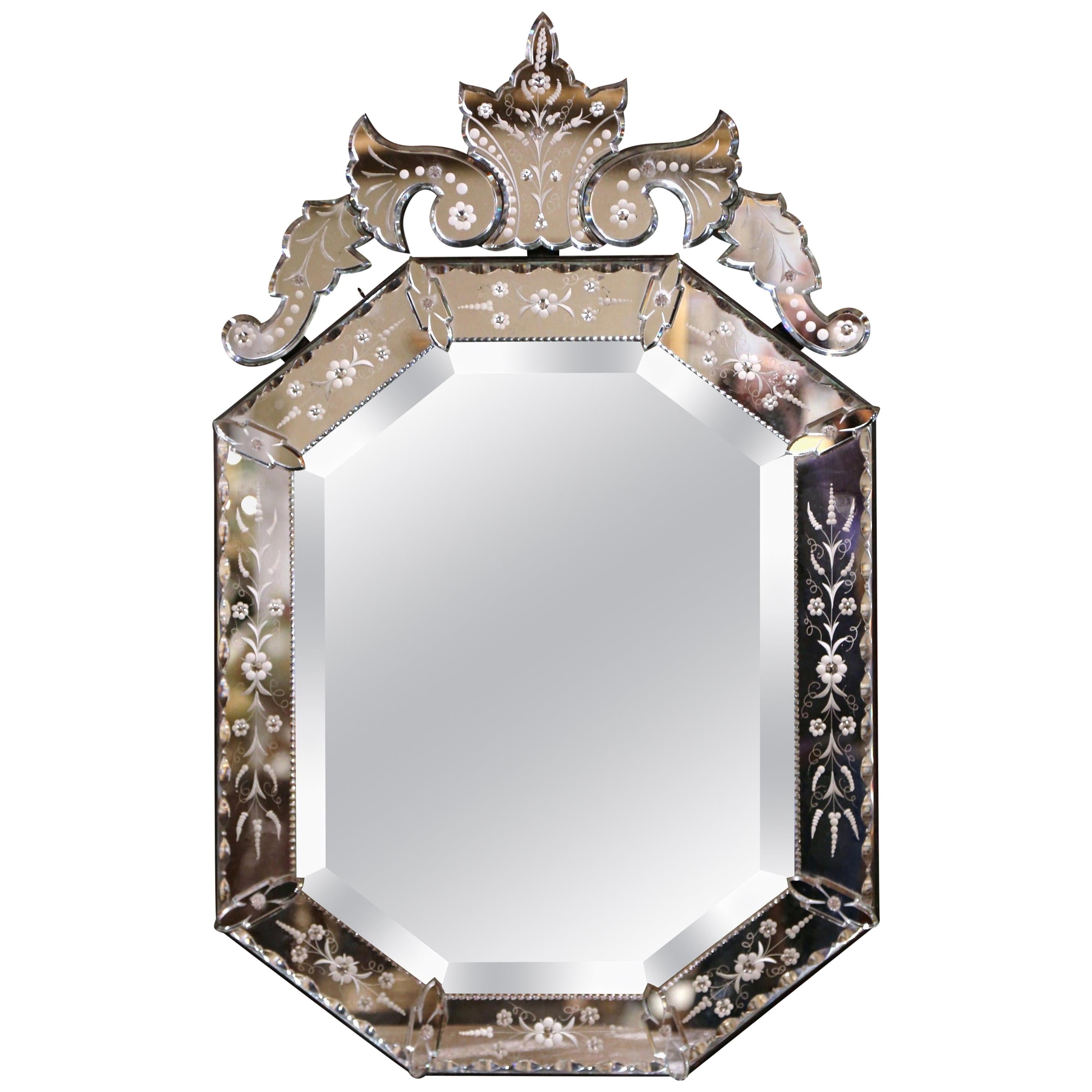 Early 20th Century Italian Octagonal Venetian Mirror with Painted Floral Etching