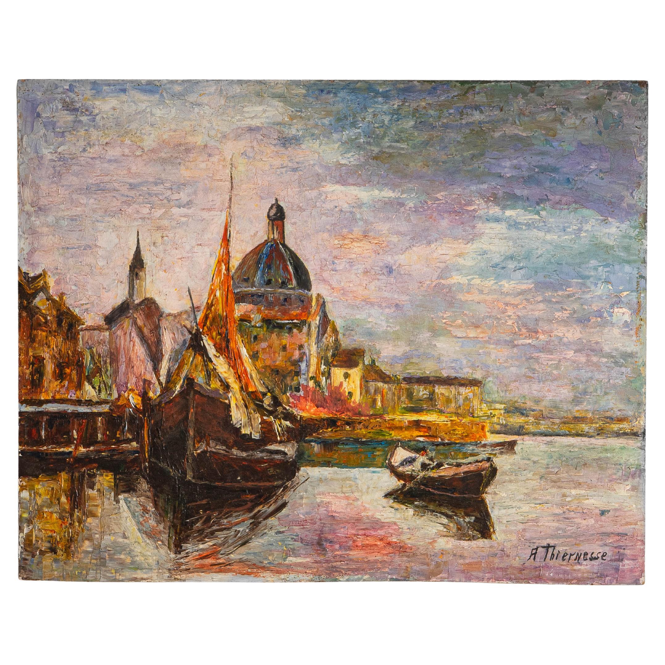 Huile sur toile italienne du début du 20e siècle Scène vénitienne en vente