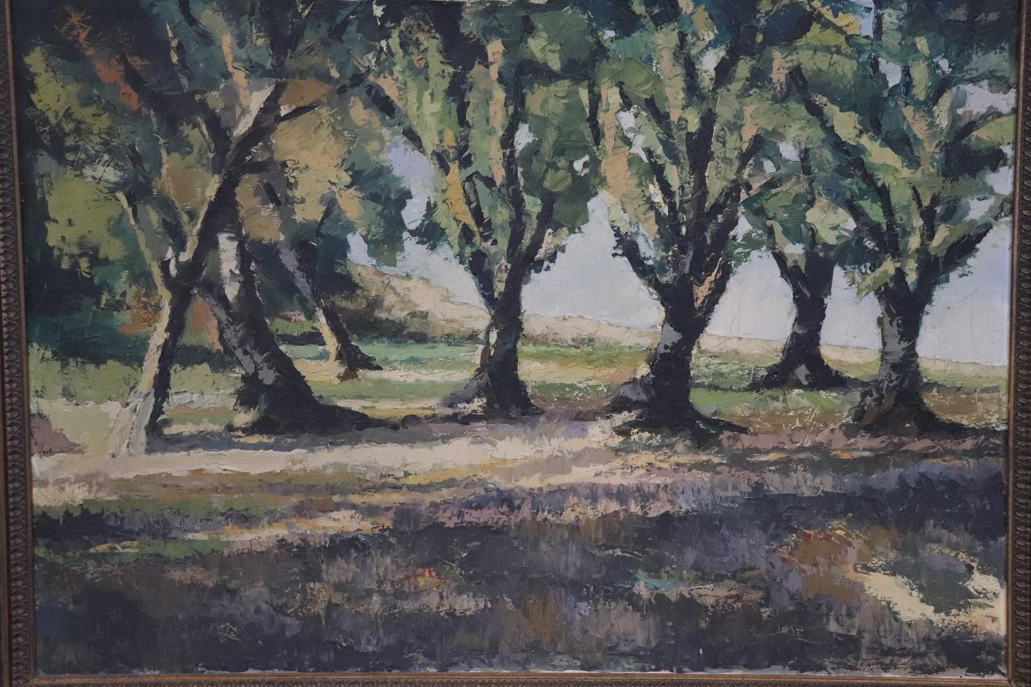 Wichtiges italienisches Ölgemälde auf Leinwand aus dem frühen 20. Jahrhundert, nicht signiert. Waldlandschaft. Gemälde von großer künstlerischer Qualität des impressionistischen Geschmacks.
 
