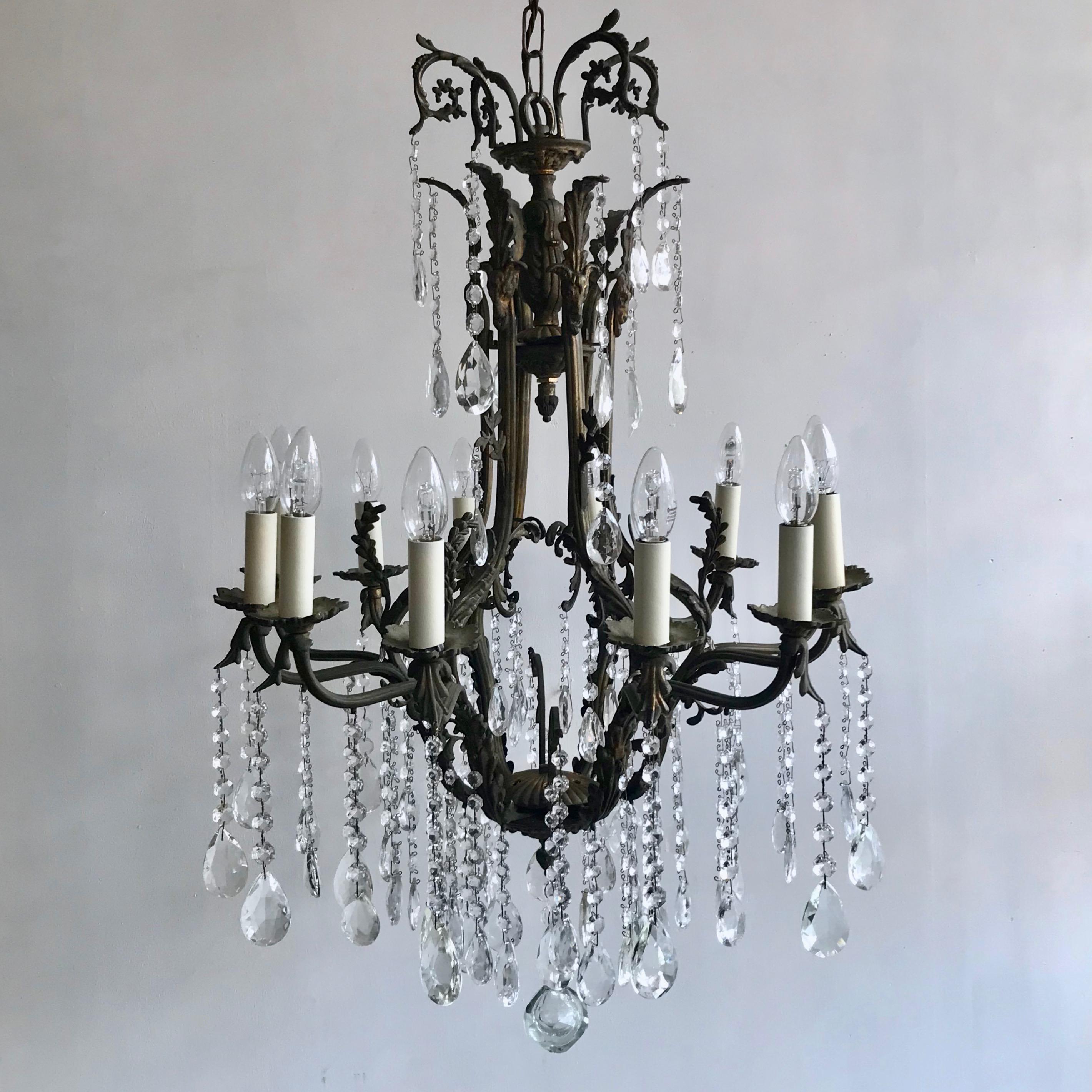 Cast Early 20th Century Italian Ornate Birdcage Chandelier with Crystal Pear Drops