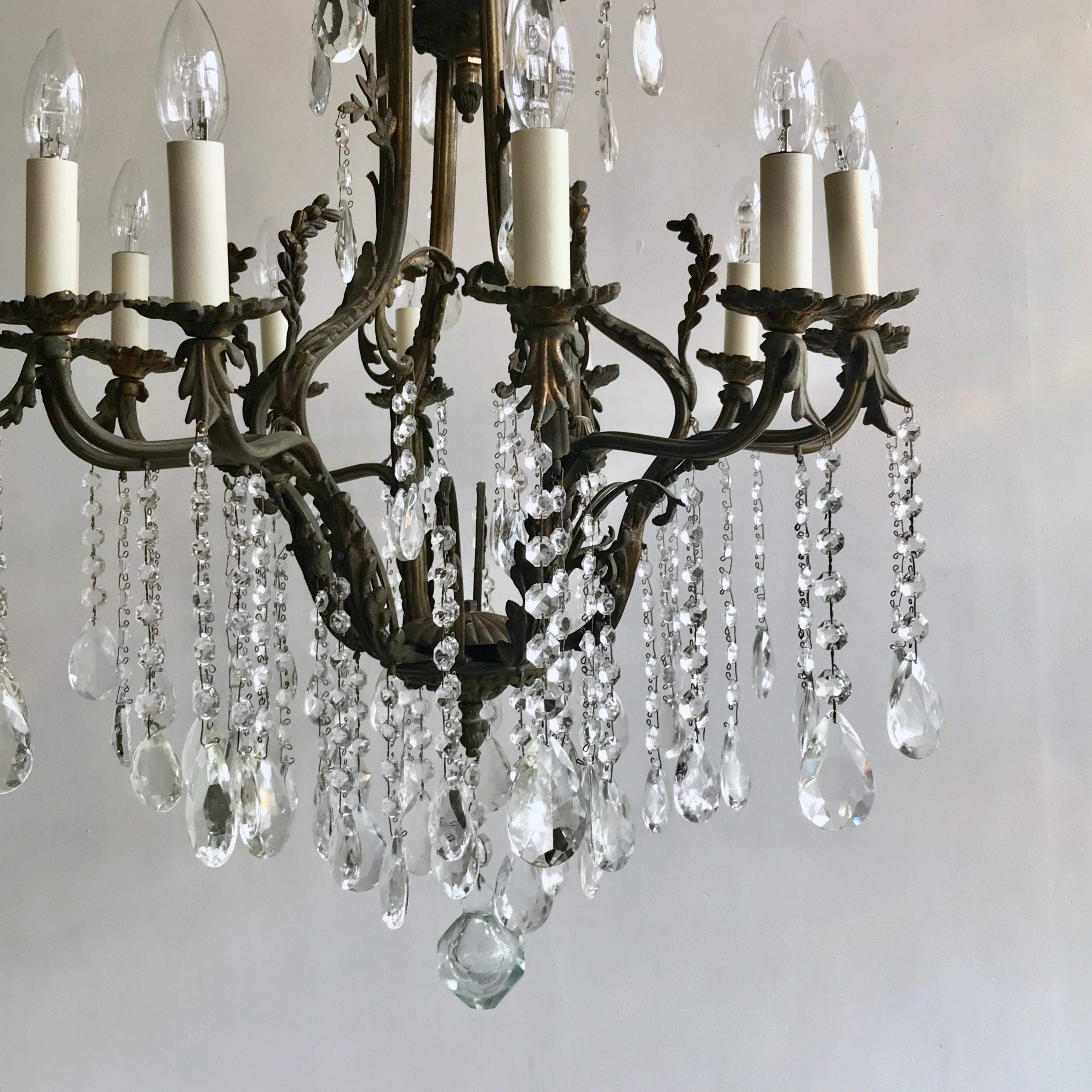 Early 20th Century Italian Ornate Birdcage Chandelier with Crystal Pear Drops In Good Condition In Stockport, GB