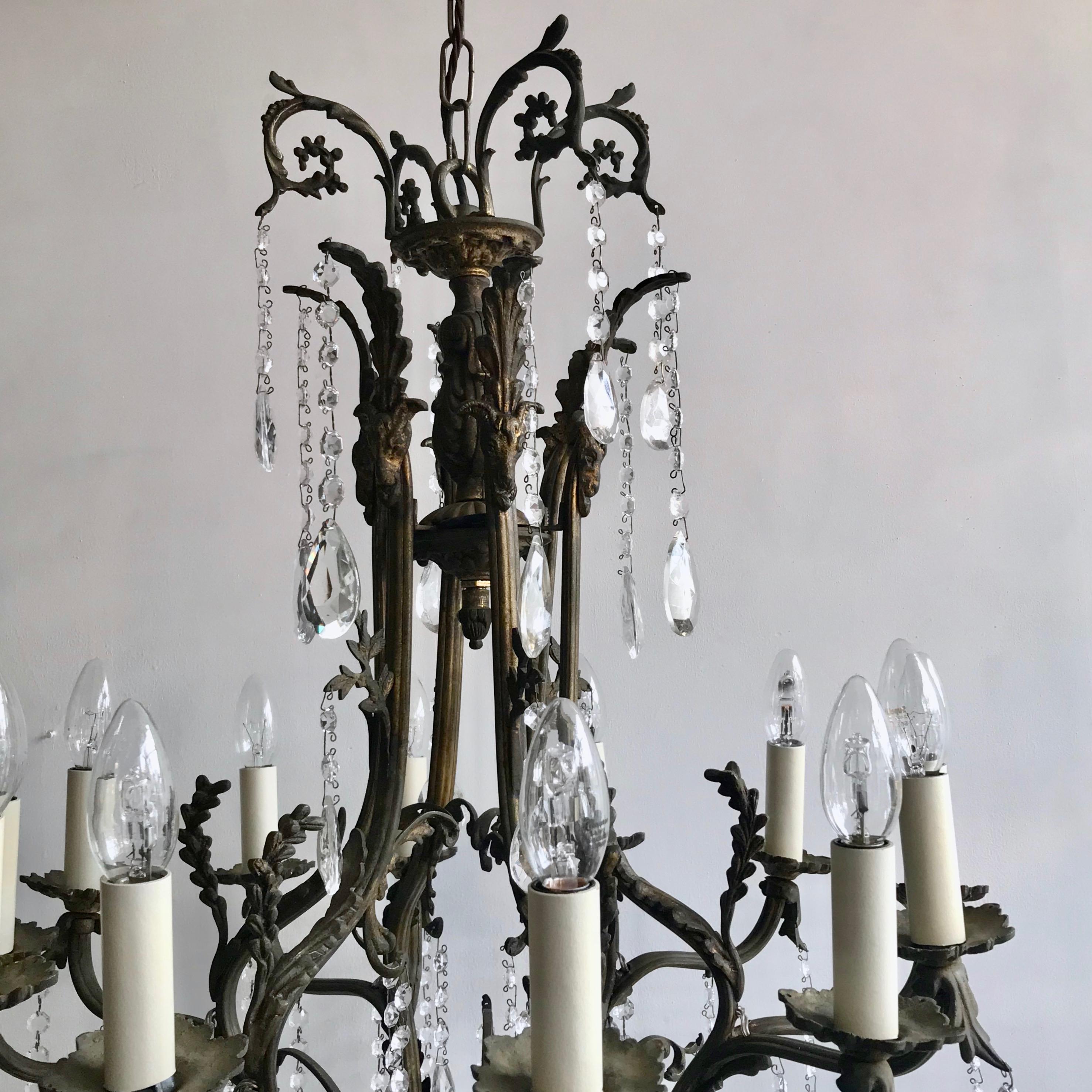 Brass Early 20th Century Italian Ornate Birdcage Chandelier with Crystal Pear Drops